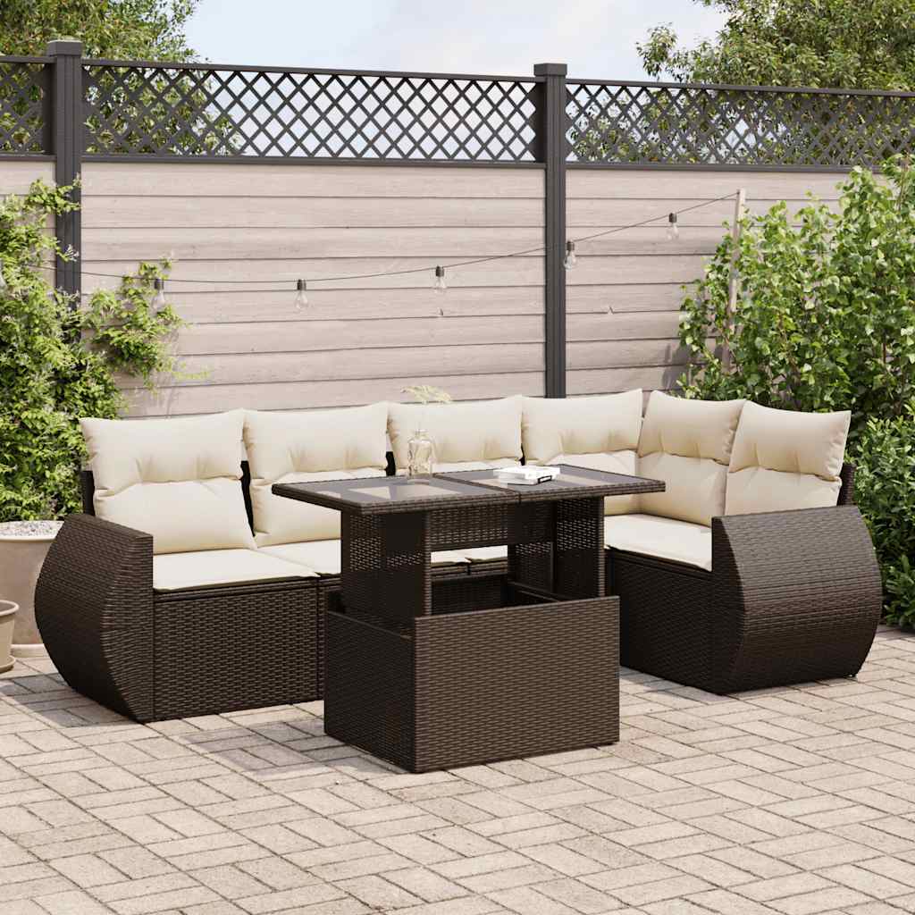 6 Pcs conjunto de sofás jardim c/ almofadões vime PE castanho