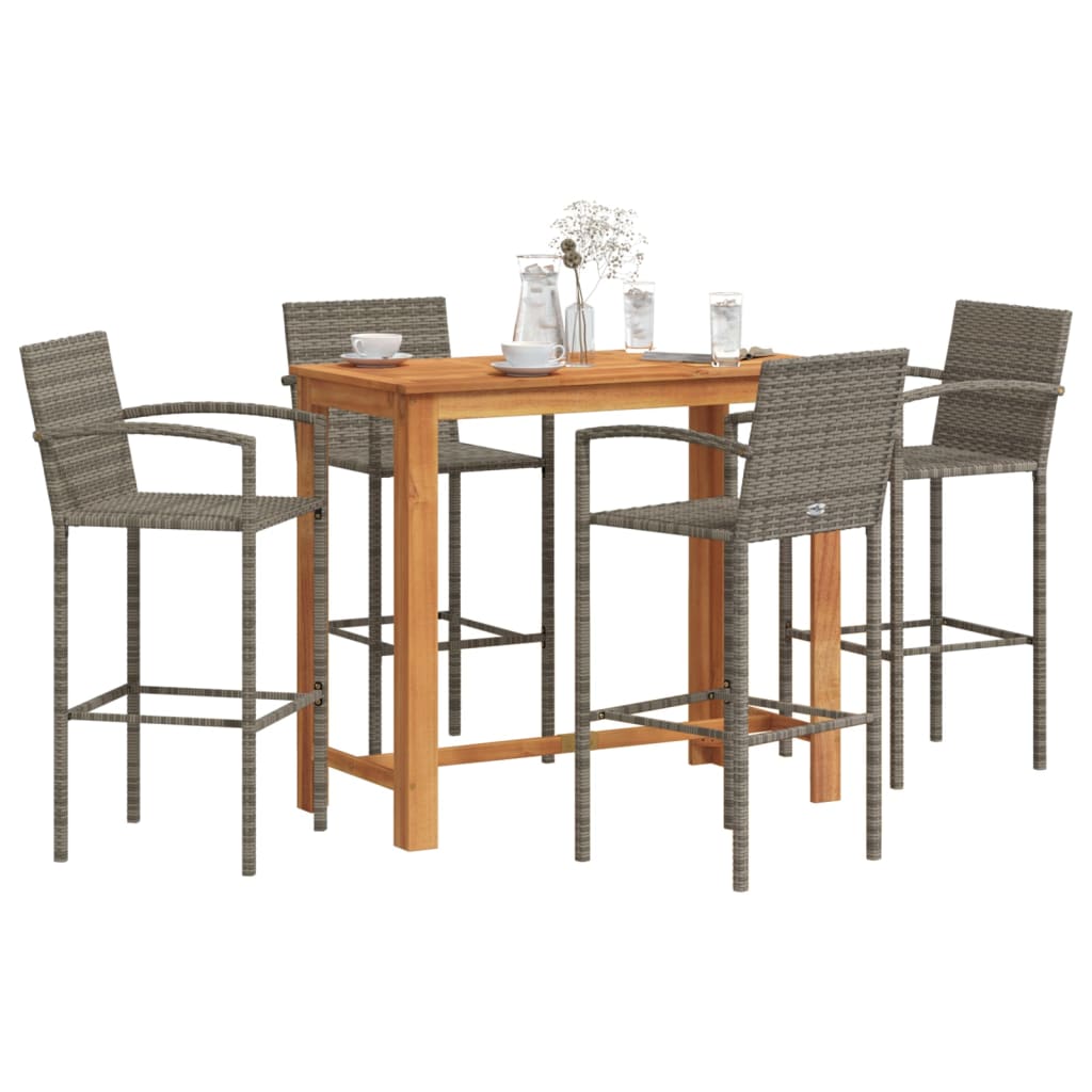 5 Pcs conjunto de bar p/ jardim acácia maciça/vime PE cinzento