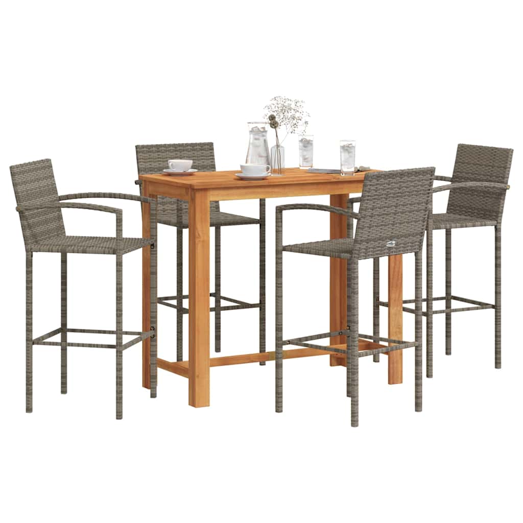 5 Pcs conjunto de bar p/ jardim acácia maciça/vime PE cinzento
