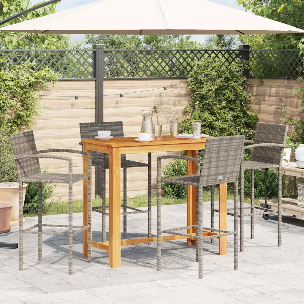 5 Pcs conjunto de bar p/ jardim acácia maciça/vime PE cinzento