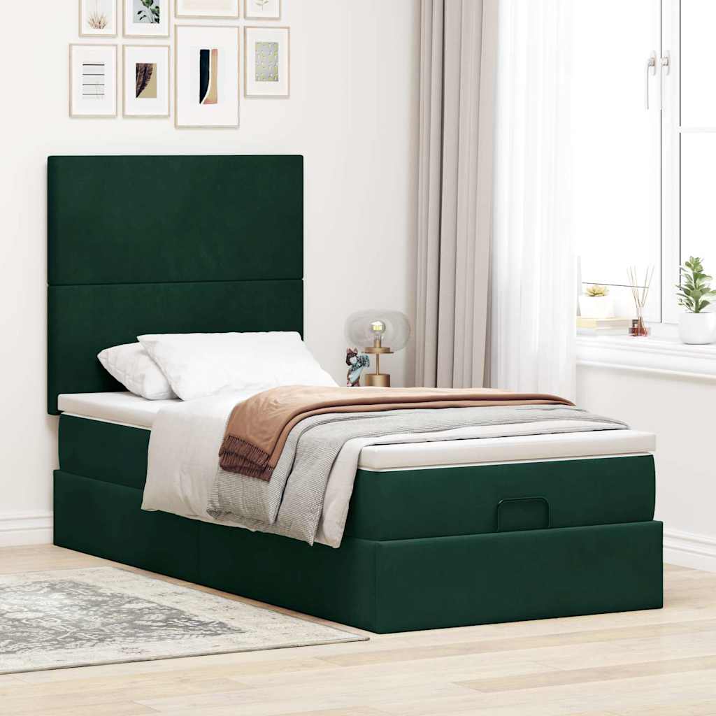 Estrutura de cama otomana com colchões verde escuro veludo