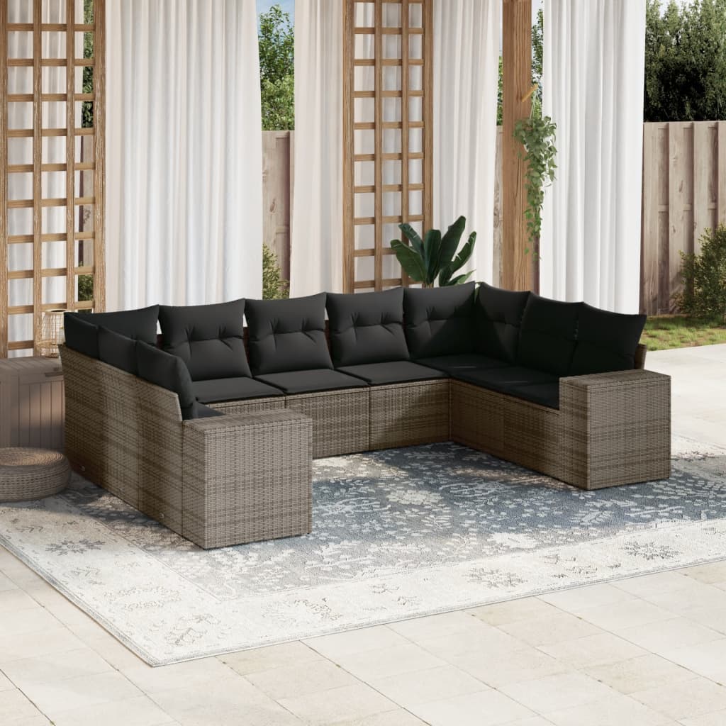 9 Pcs conjunto sofás p/ jardim com almofadões vime PE cinzento