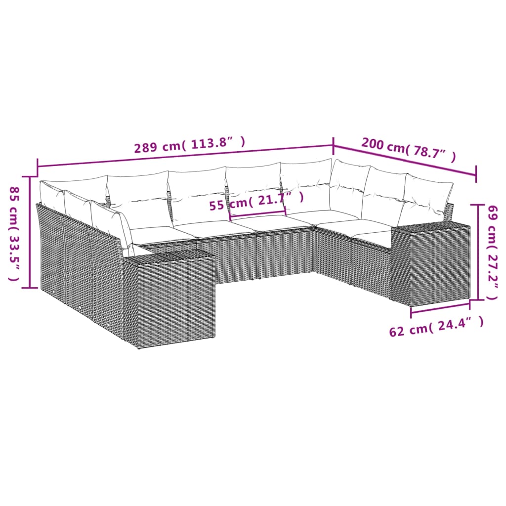 9 Pcs conjunto sofás p/ jardim com almofadões vime PE cinzento