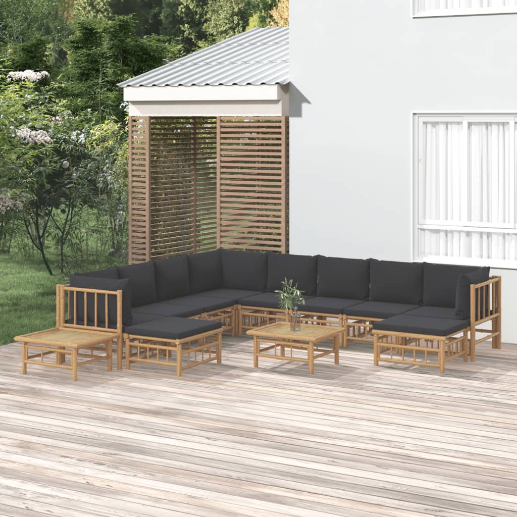 12Pcs conj. lounge de jardim bambu c/ almofadões cinza-escuro