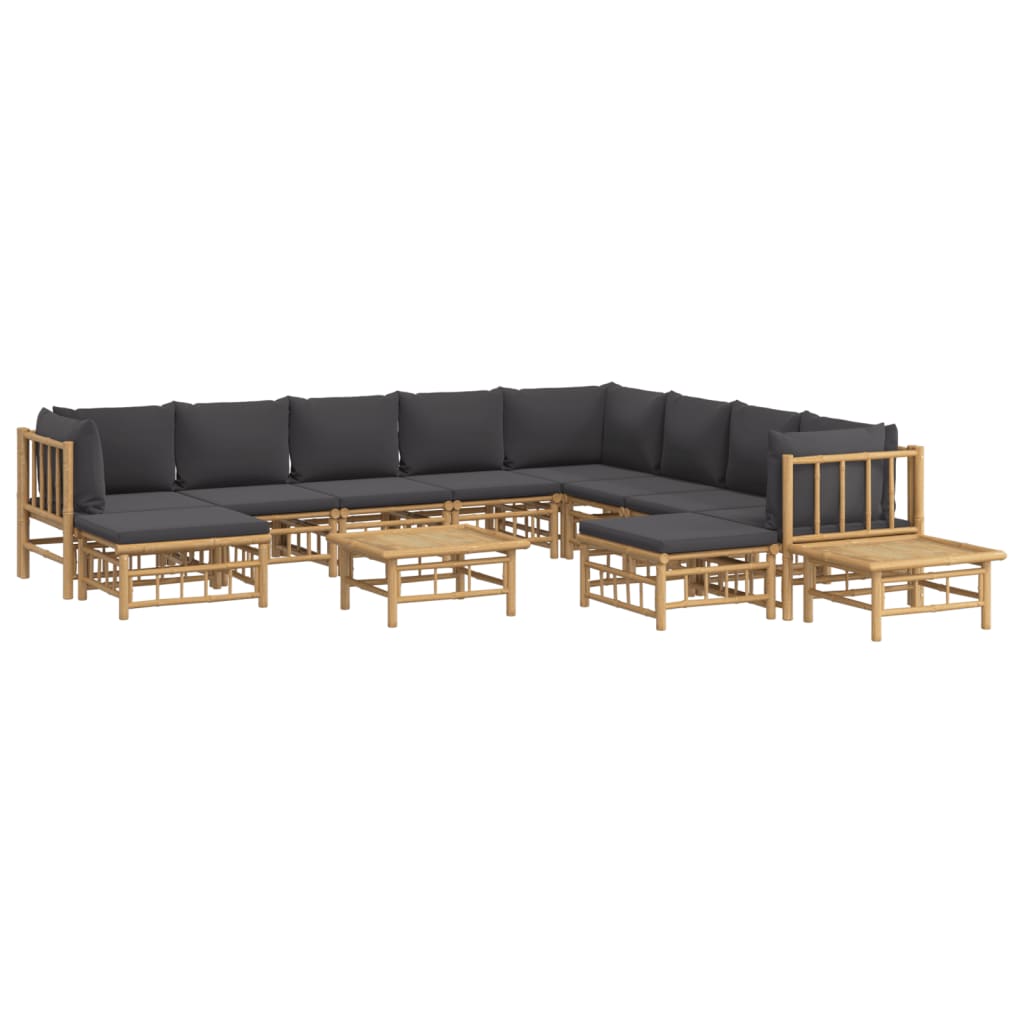 12Pcs conj. lounge de jardim bambu c/ almofadões cinza-escuro