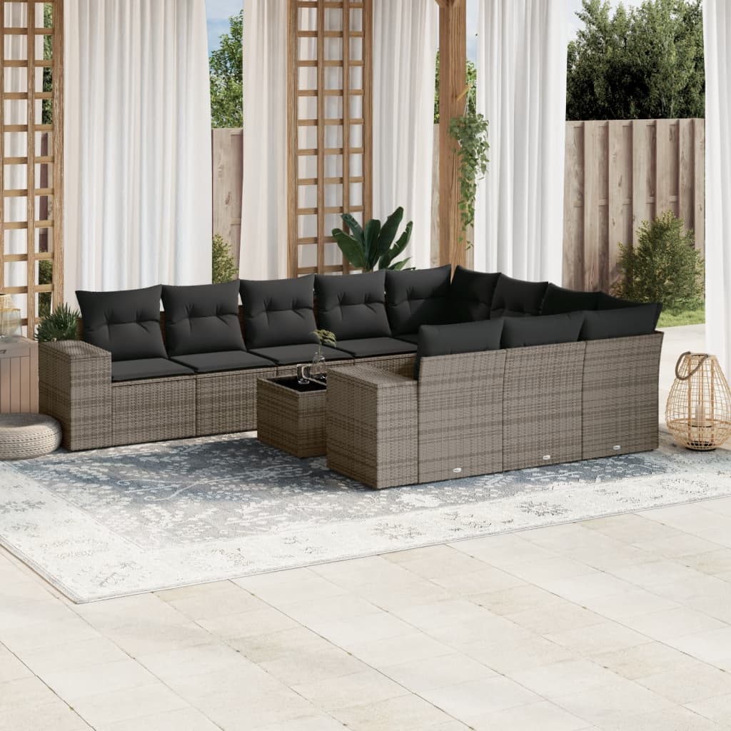 11 Pcs conjunto sofás de jardim c/ almofadões vime PE cinzento
