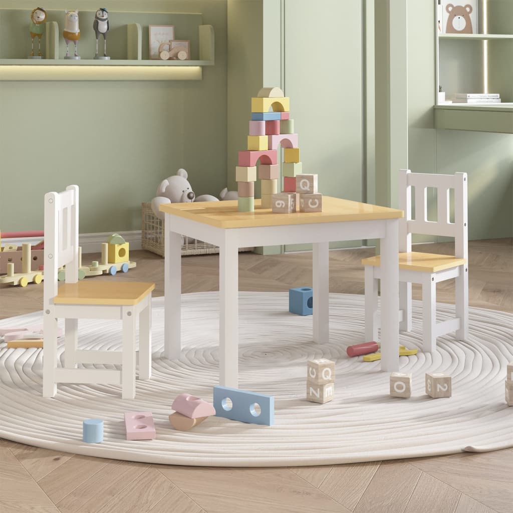 3 Pcs conjunto mesa e cadeiras infantil MDF branco e bege