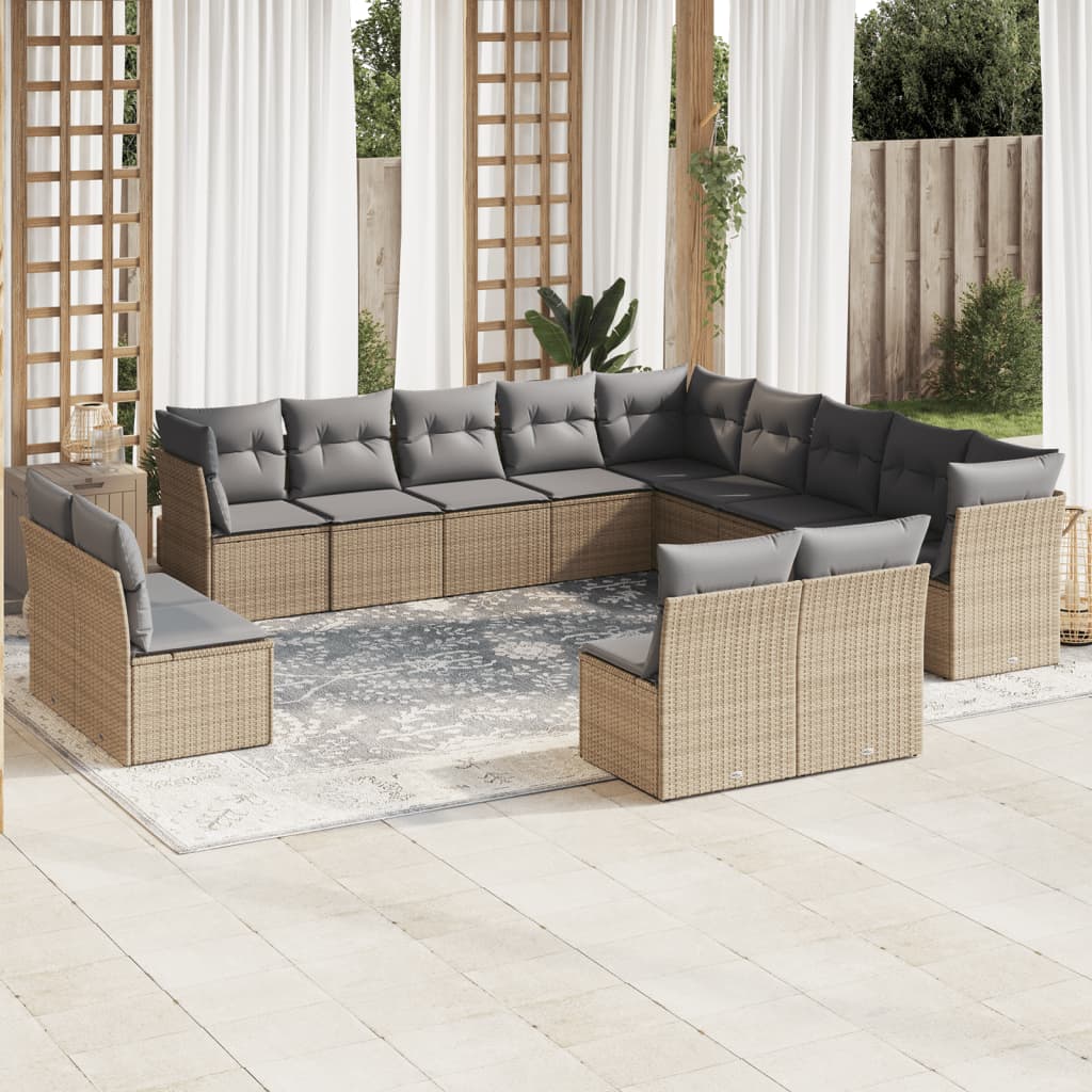 13 Pcs conjunto de sofás p/ jardim com almofadões vime PE bege