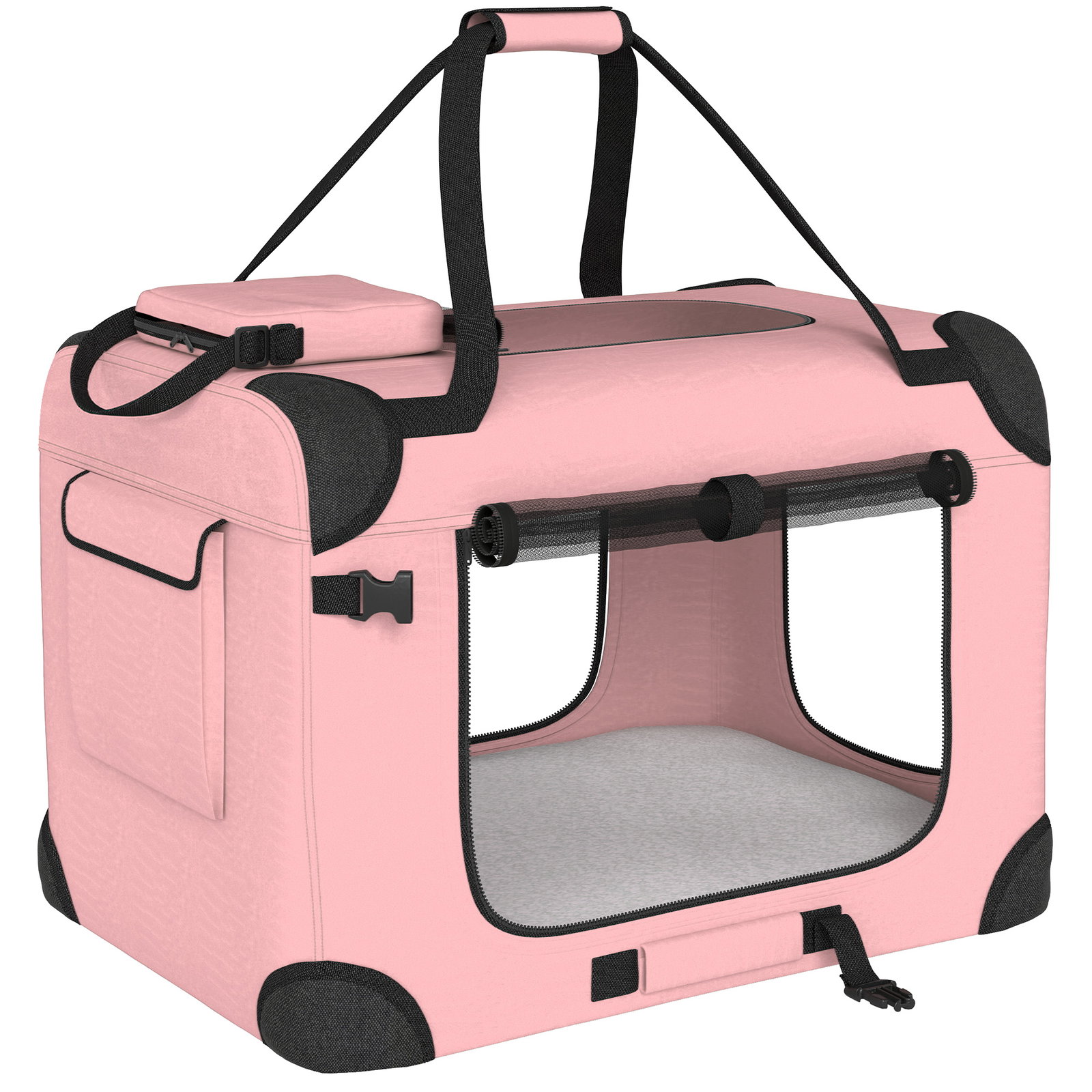 Transportadora dobrável para cães 60x41,5x41 cm com janelas de rede, almofada macia e 2 alças para mini cães e gatos rosa