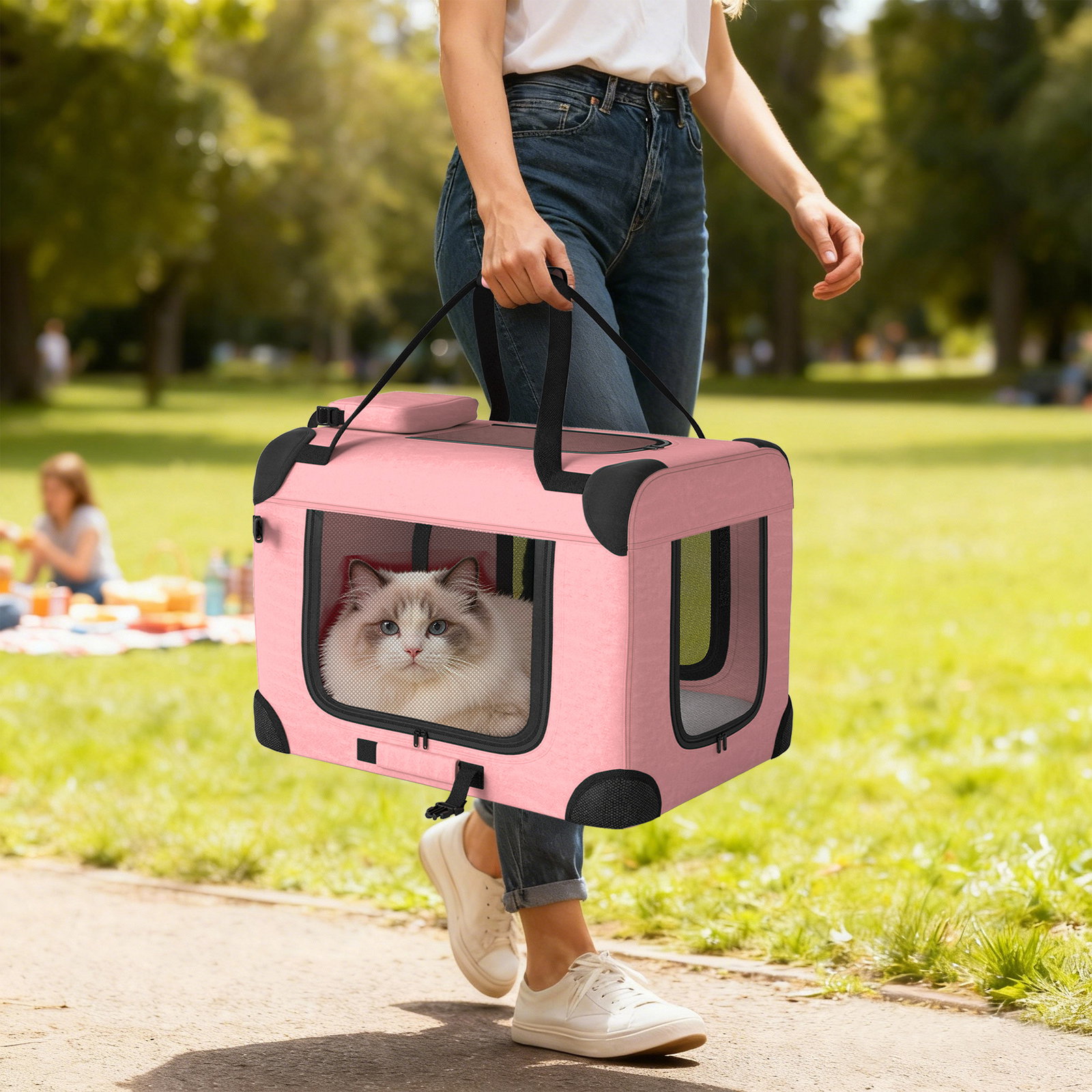 Transportadora dobrável para cães 60x41,5x41 cm com janelas de rede, almofada macia e 2 alças para mini cães e gatos rosa