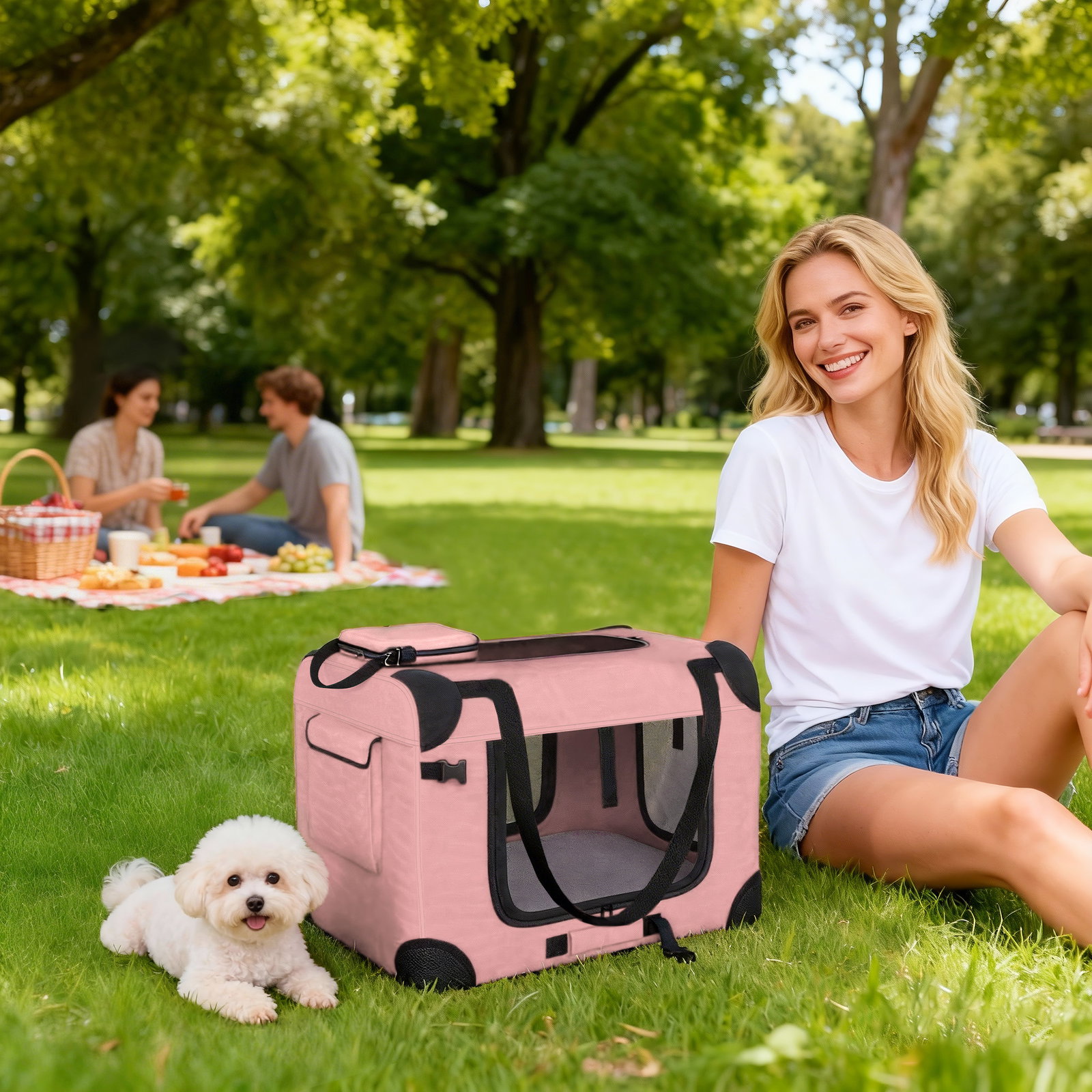 Transportadora dobrável para cães 60x41,5x41 cm com janelas de rede, almofada macia e 2 alças para mini cães e gatos rosa