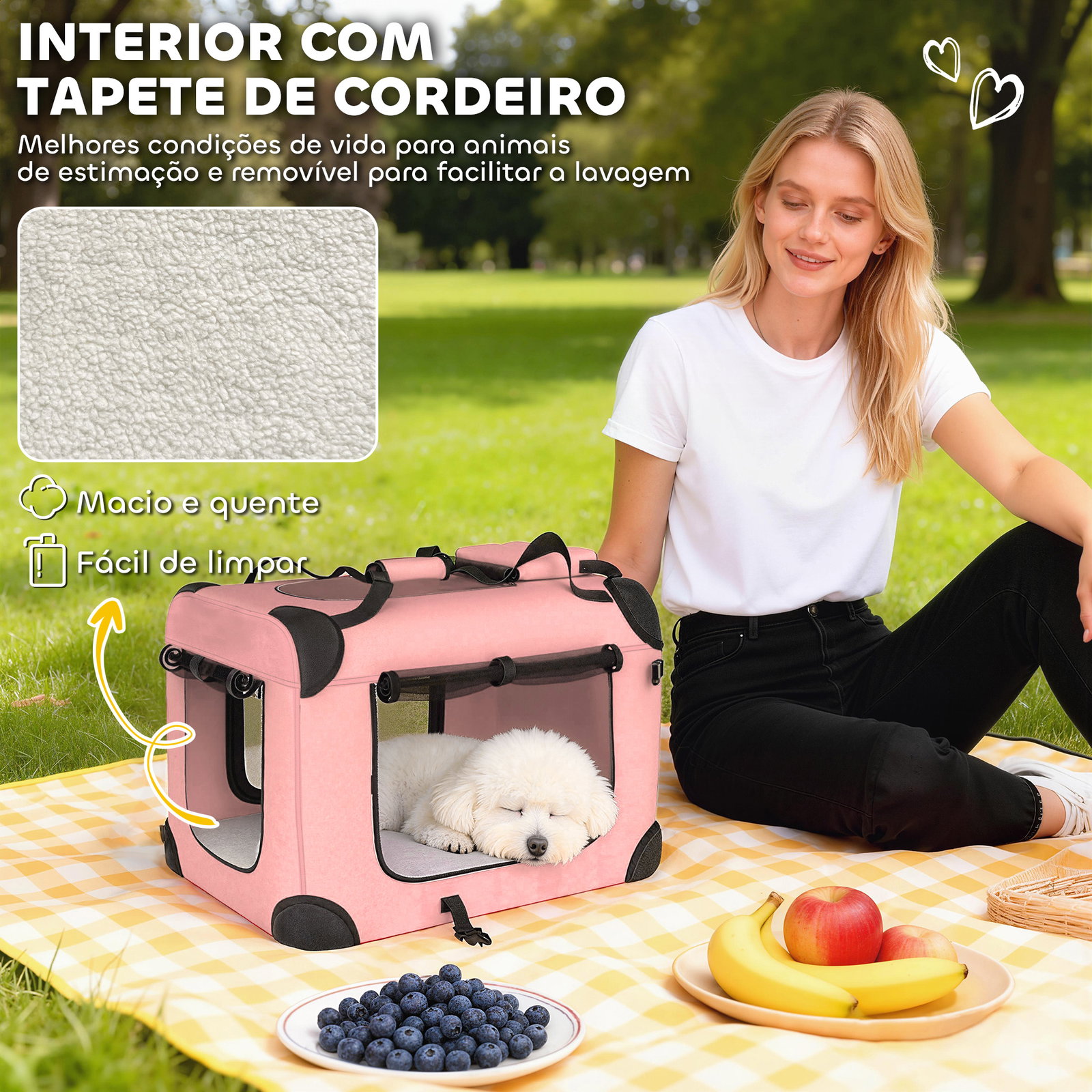 Transportadora dobrável para cães 60x41,5x41 cm com janelas de rede, almofada macia e 2 alças para mini cães e gatos rosa