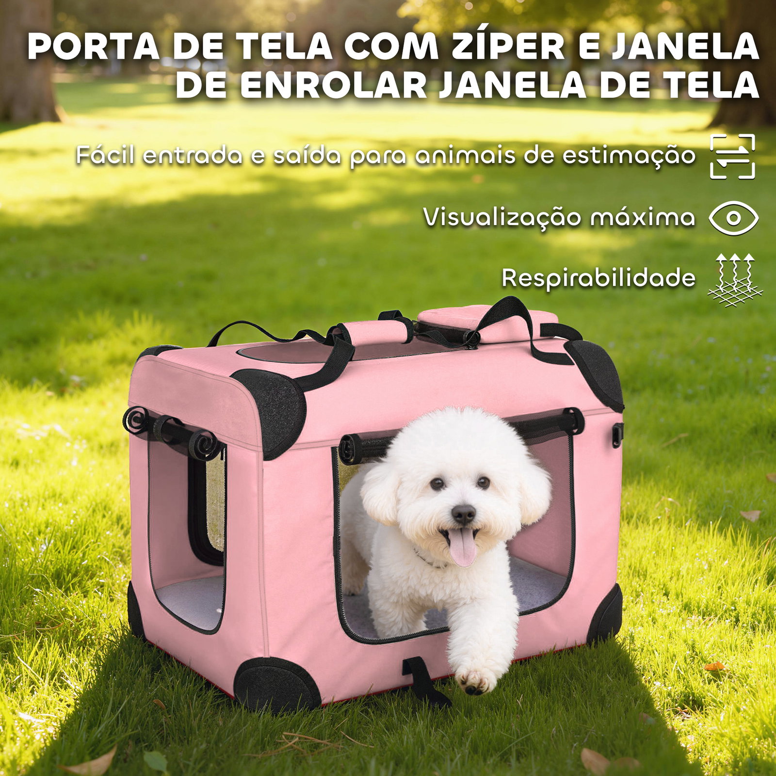 Transportadora dobrável para cães 60x41,5x41 cm com janelas de rede, almofada macia e 2 alças para mini cães e gatos rosa