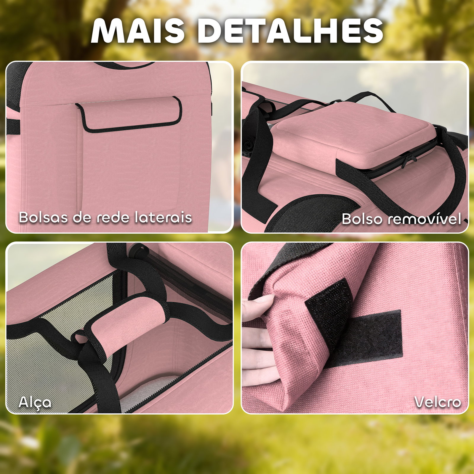 Transportadora dobrável para cães 60x41,5x41 cm com janelas de rede, almofada macia e 2 alças para mini cães e gatos rosa