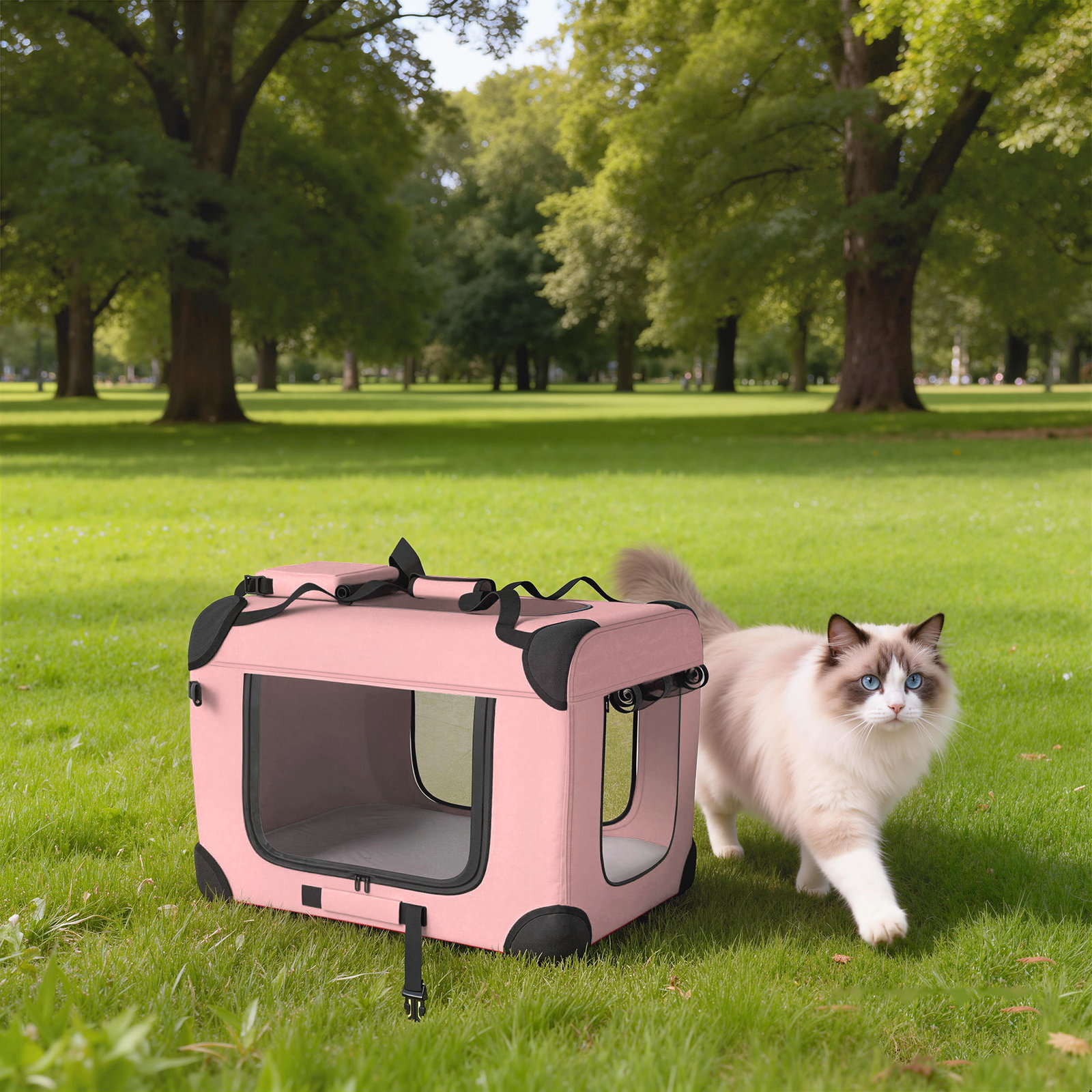 Transportadora dobrável para cães 60x41,5x41 cm com janelas de rede, almofada macia e 2 alças para mini cães e gatos rosa