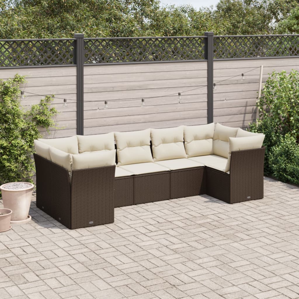 7 Pcs conjunto de sofás jardim c/ almofadões vime PE castanho
