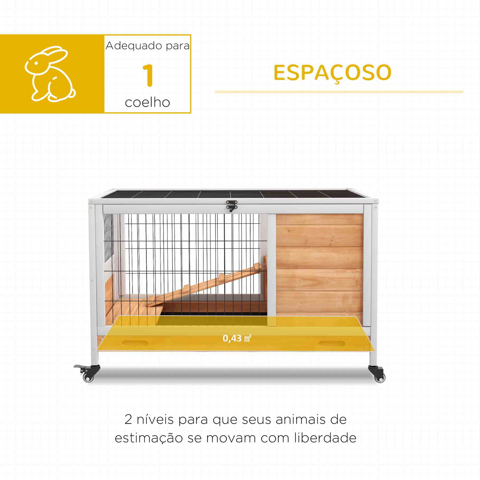 Coelheira de madeira gaiola de para pequenos animais portátil com teto abatível rampa bandeja amovível 90x53x59cm madeira