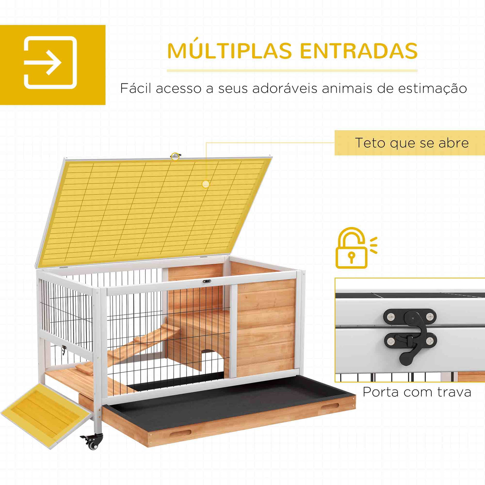 Coelheira de madeira gaiola de para pequenos animais portátil com teto abatível rampa bandeja amovível 90x53x59cm madeira