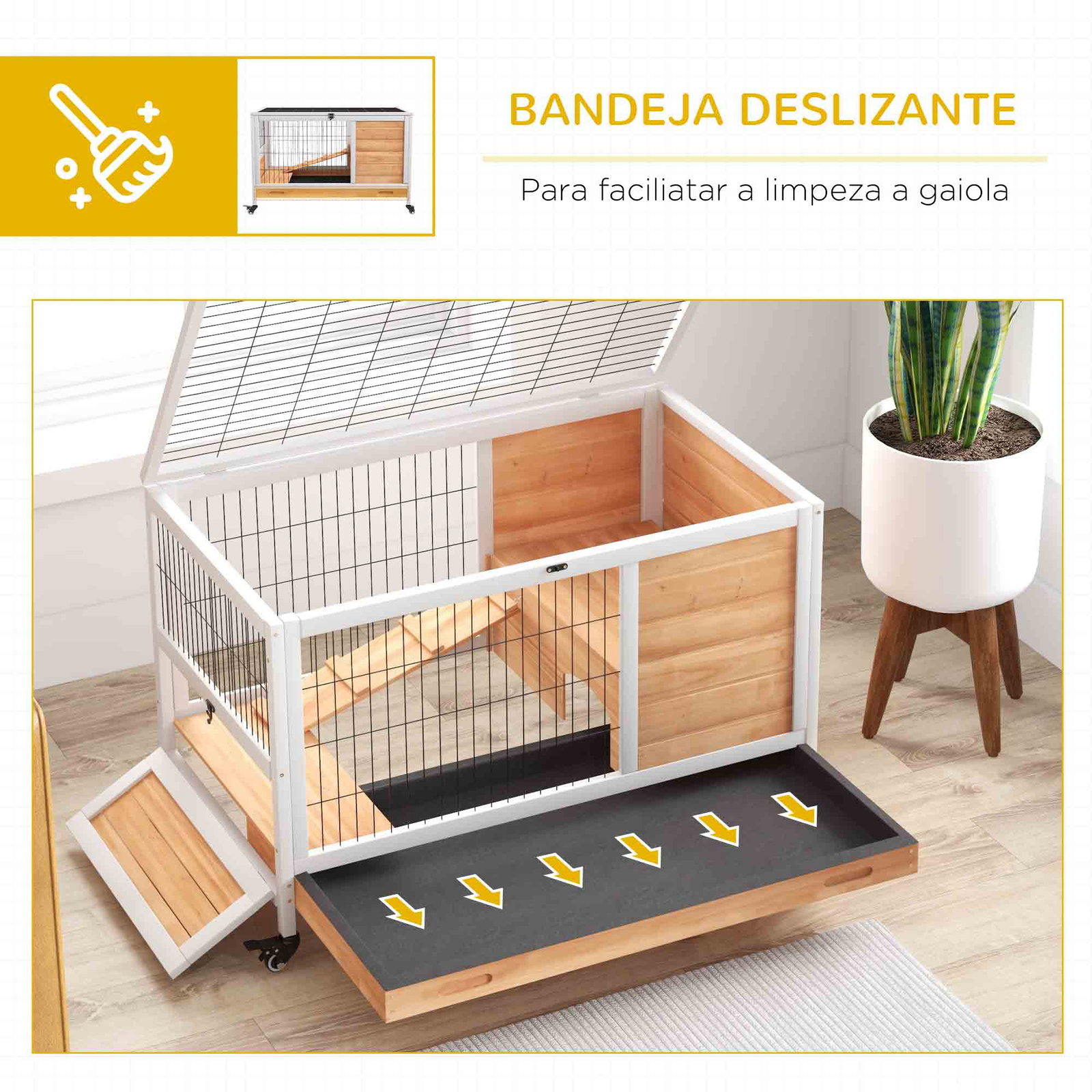 Coelheira de madeira gaiola de para pequenos animais portátil com teto abatível rampa bandeja amovível 90x53x59cm madeira