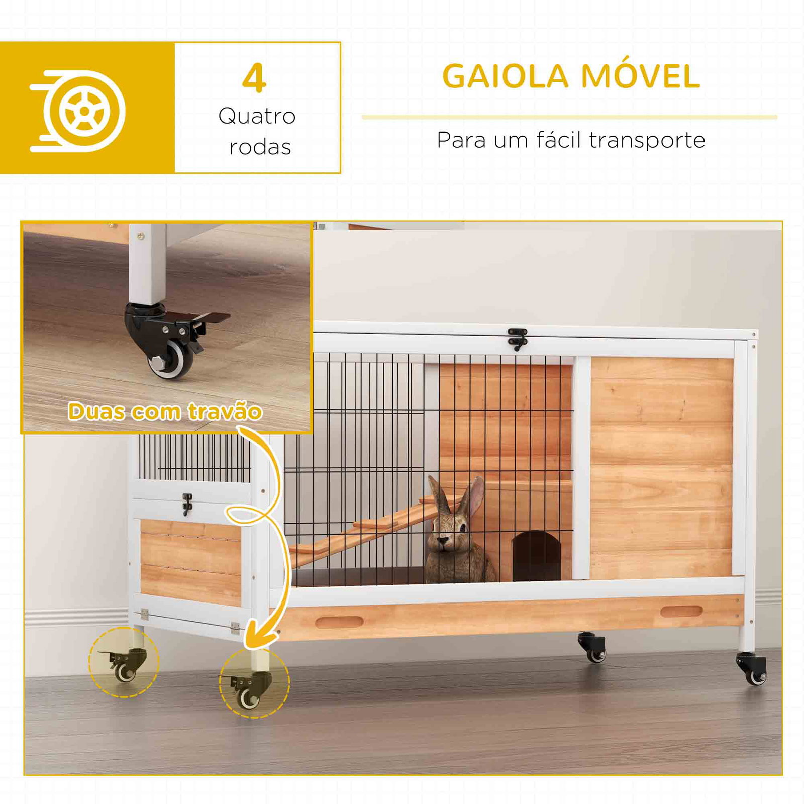 Coelheira de madeira gaiola de para pequenos animais portátil com teto abatível rampa bandeja amovível 90x53x59cm madeira