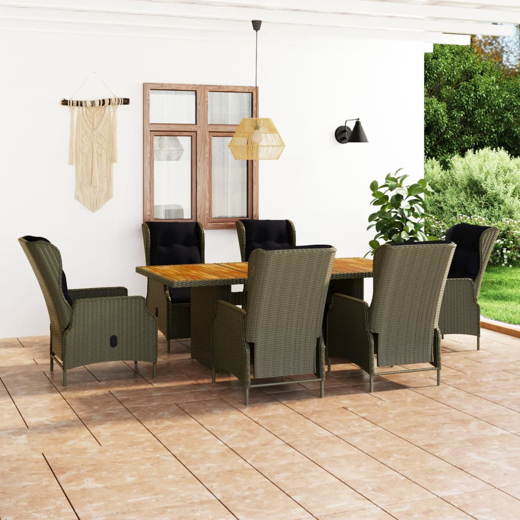 7 Pcs conjunto jantar exterior com almofadões vime PE castanho