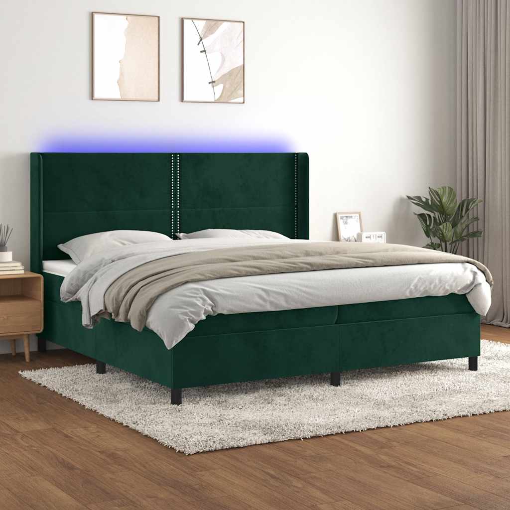 Cama box spring c/ colchão/LED 200x200 cm veludo verde-escuro