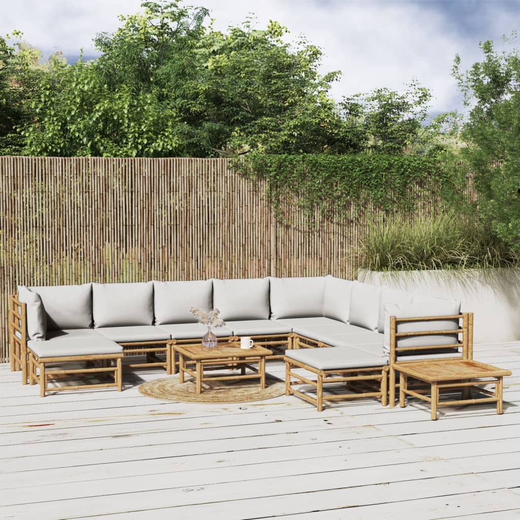 12Pcs conj. lounge de jardim bambu c/ almofadões cinzento-claro
