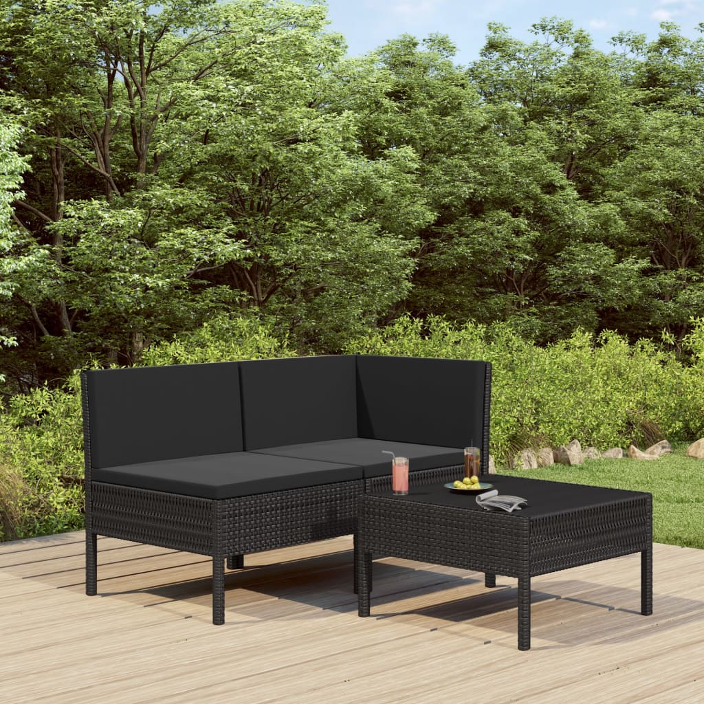 3 Pcs conjunto lounge de jardim c/ almofadões vime PE preto