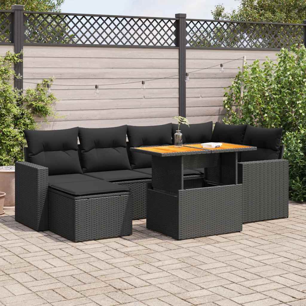 7 Pcs conjunto de sofás p/ jardim c/ almofadões vime PE preto