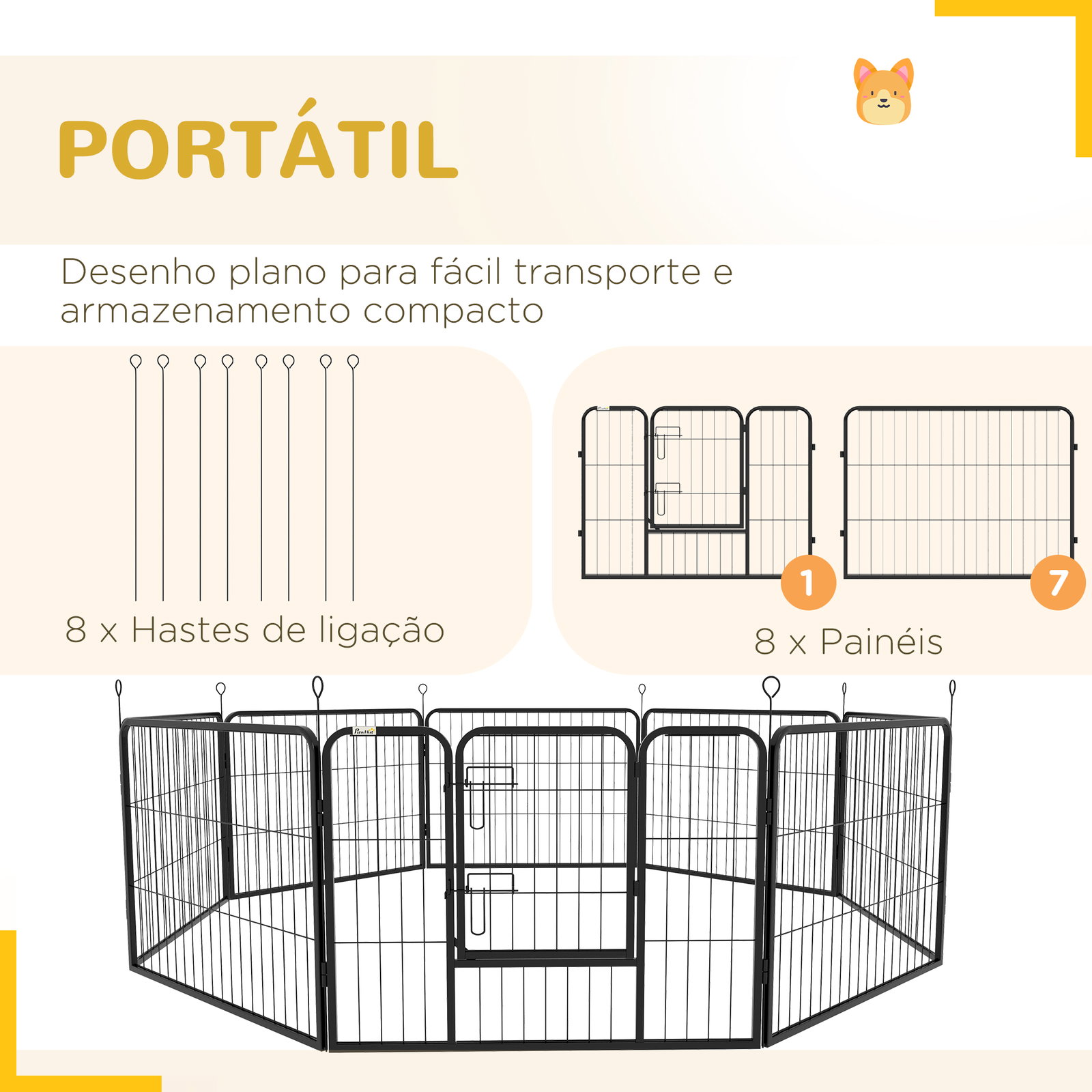 Parque para animais de estimação 8 paineis 80x60cm gaiola para cães de metal com porta e dupla fechadura preto