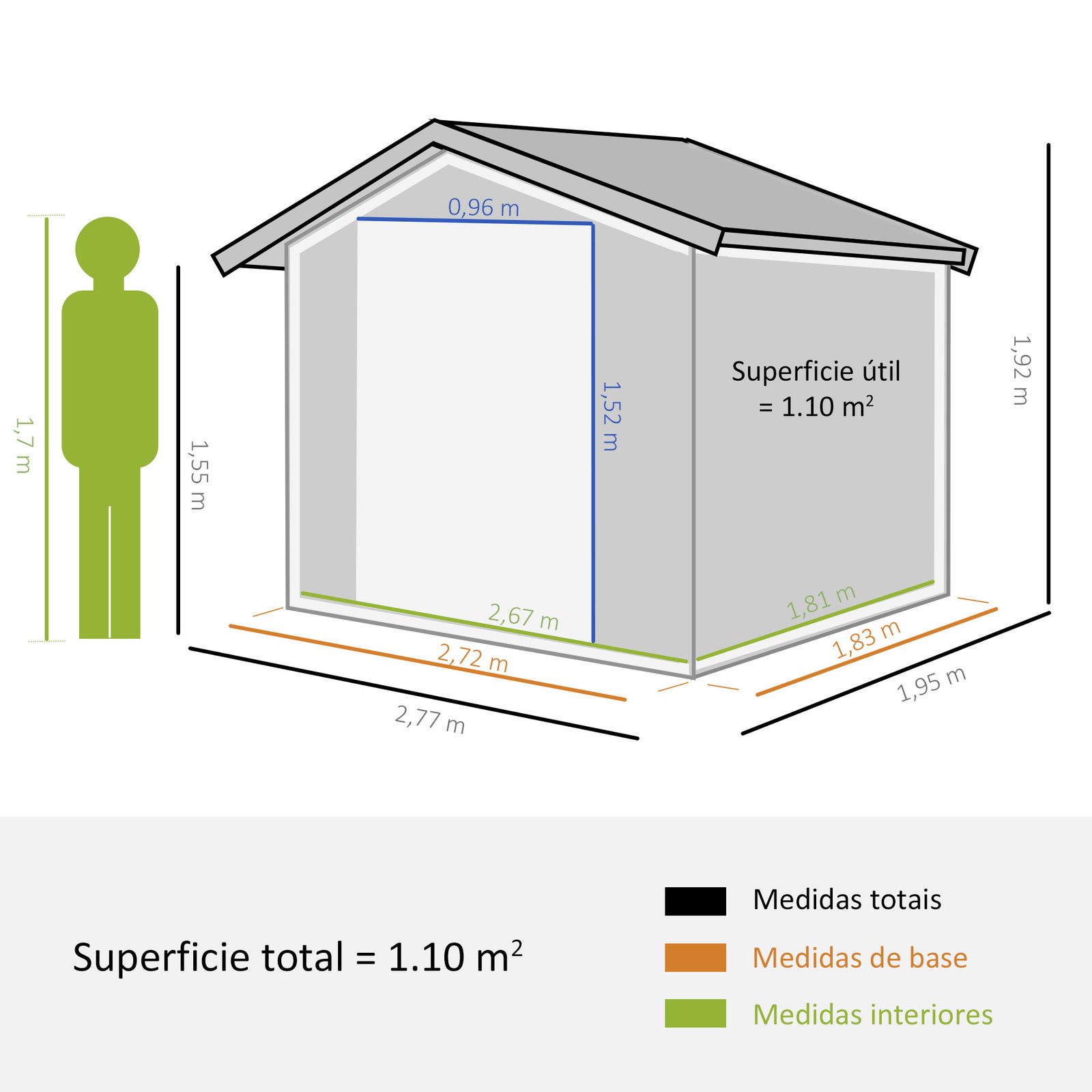 Abrigo de jardim metálico para armazenamento de ferramentas com base de reforço incluída e 4 janelas 277x195x192cm cinza escuro