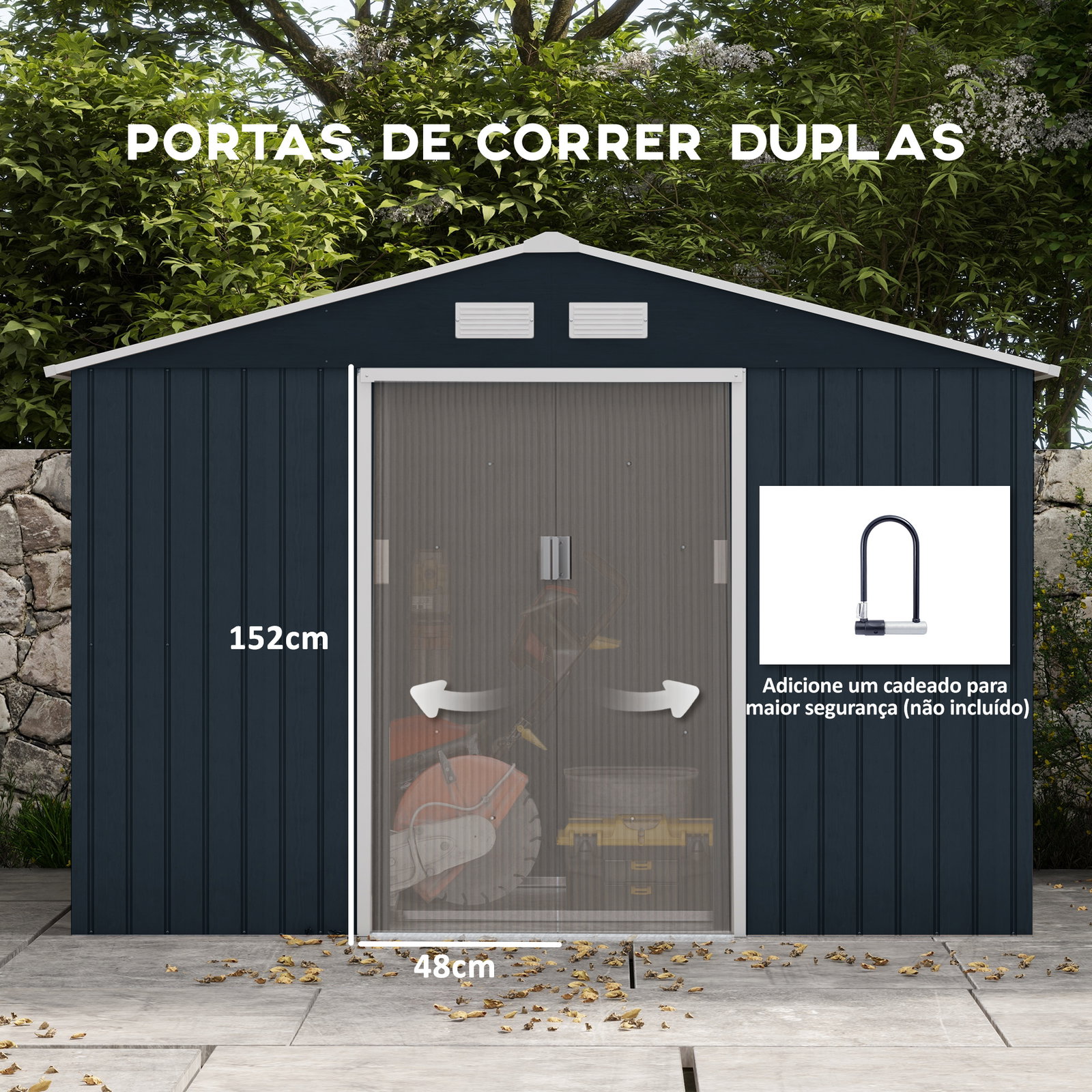 Abrigo de jardim metálico para armazenamento de ferramentas com base de reforço incluída e 4 janelas 277x195x192cm cinza escuro