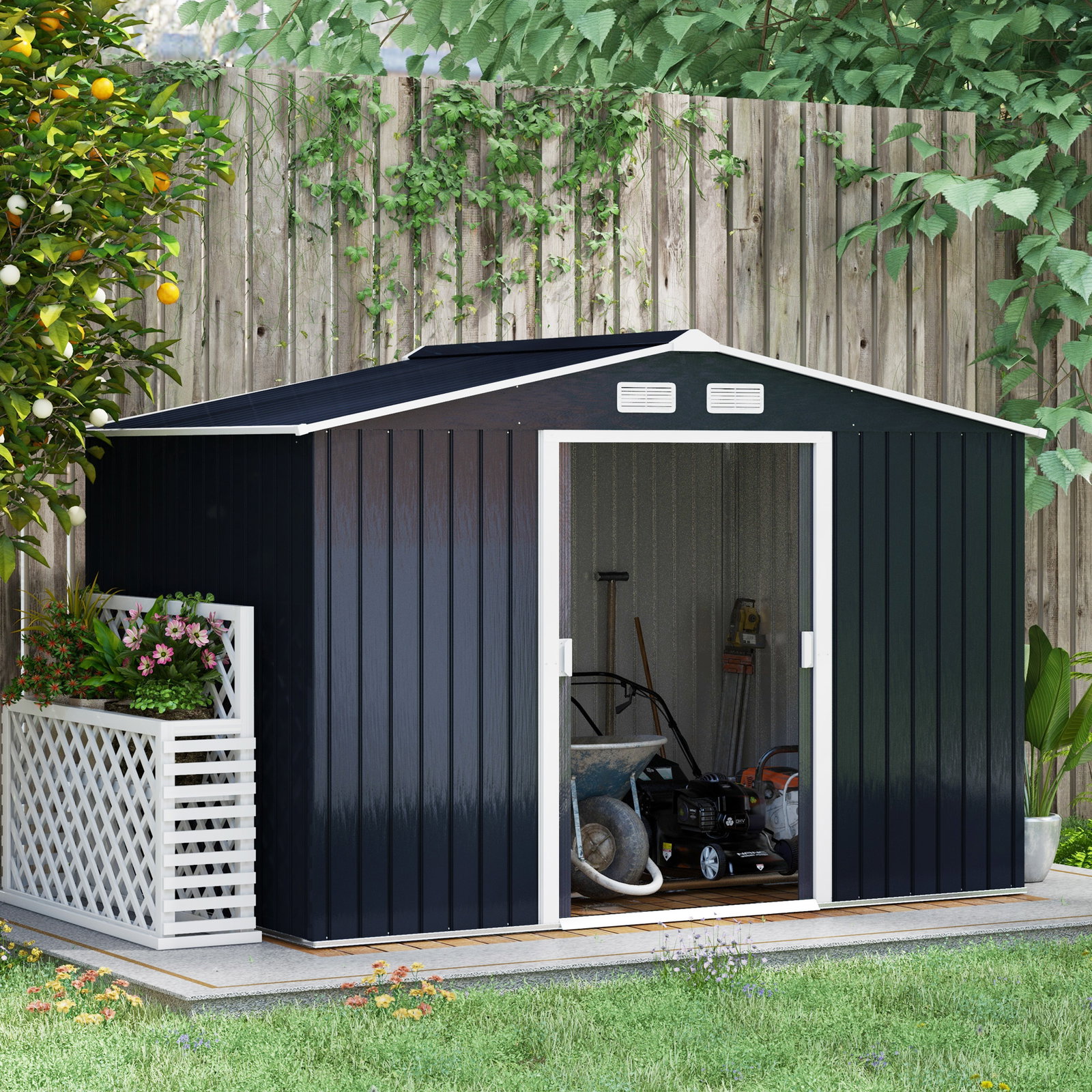 Abrigo de jardim metálico para armazenamento de ferramentas com base de reforço incluída e 4 janelas 277x195x192cm cinza escuro