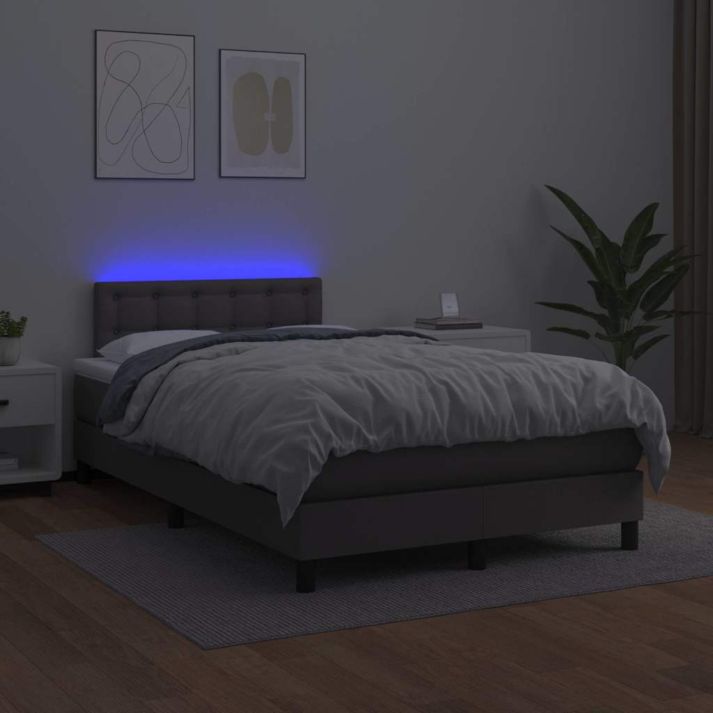 Cama box spring c/ colchão/LED 120x190cm couro artificial cinza