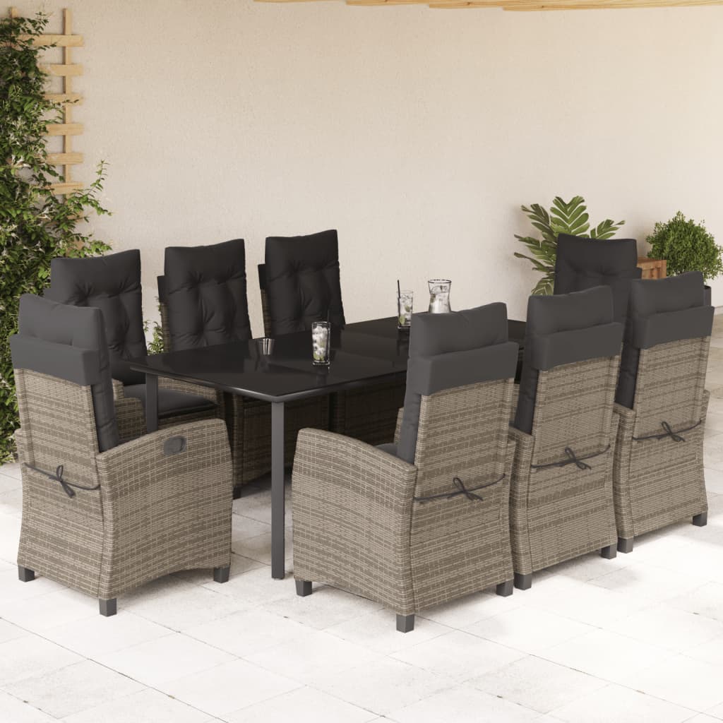 9 Pcs conjunto de jantar p/ jardim c/ almofadões vime PE cinza