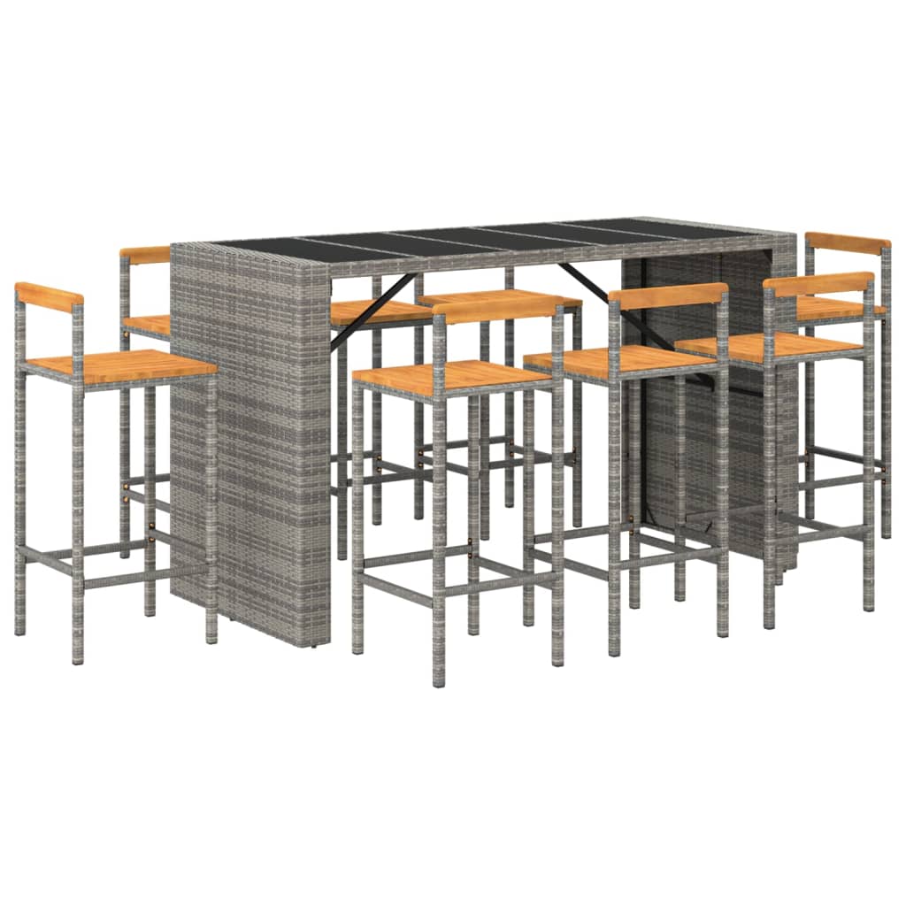 9 Pcs conjunto de bar p/ jardim vime PE/acácia maciça cinzento