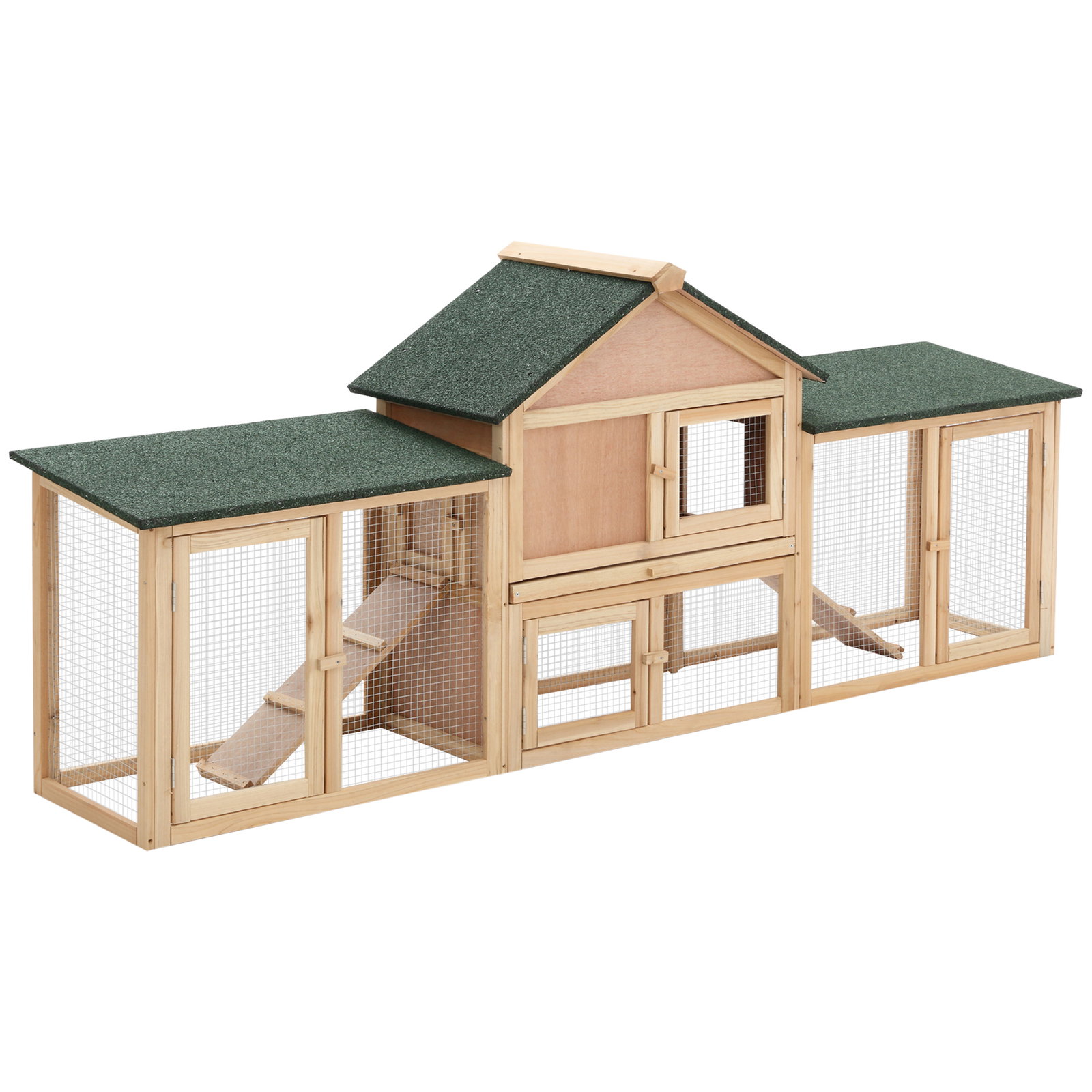 Coelheira de exterior grande gaiola de madeira para 2-4 coelhos com teto asfáltico recinto de arame bandeja removível e rampas 210x45,5x84,5 cm natural