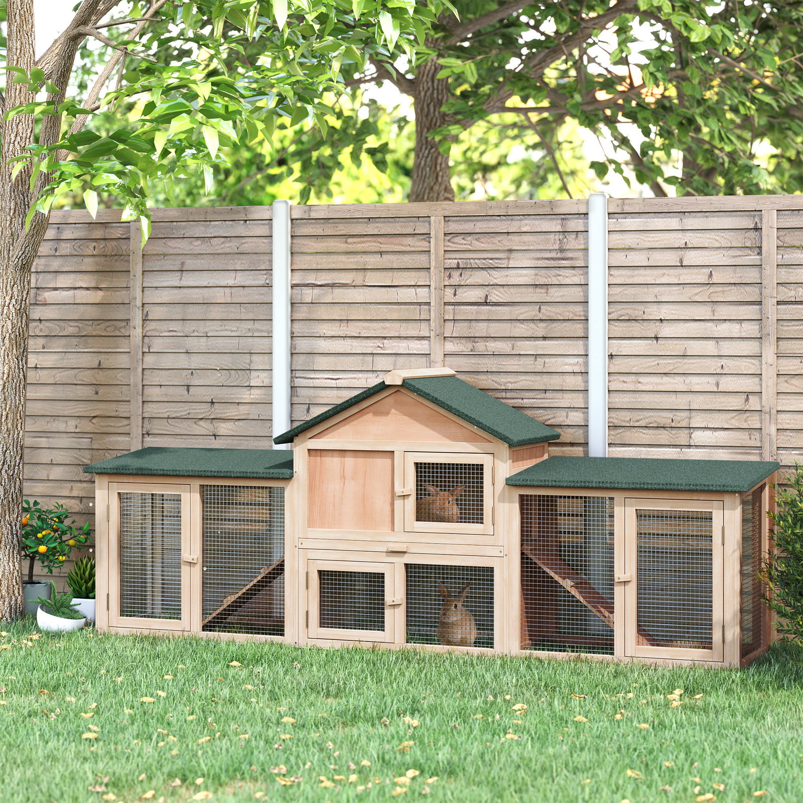 Coelheira de exterior grande gaiola de madeira para 2-4 coelhos com teto asfáltico recinto de arame bandeja removível e rampas 210x45,5x84,5 cm natural