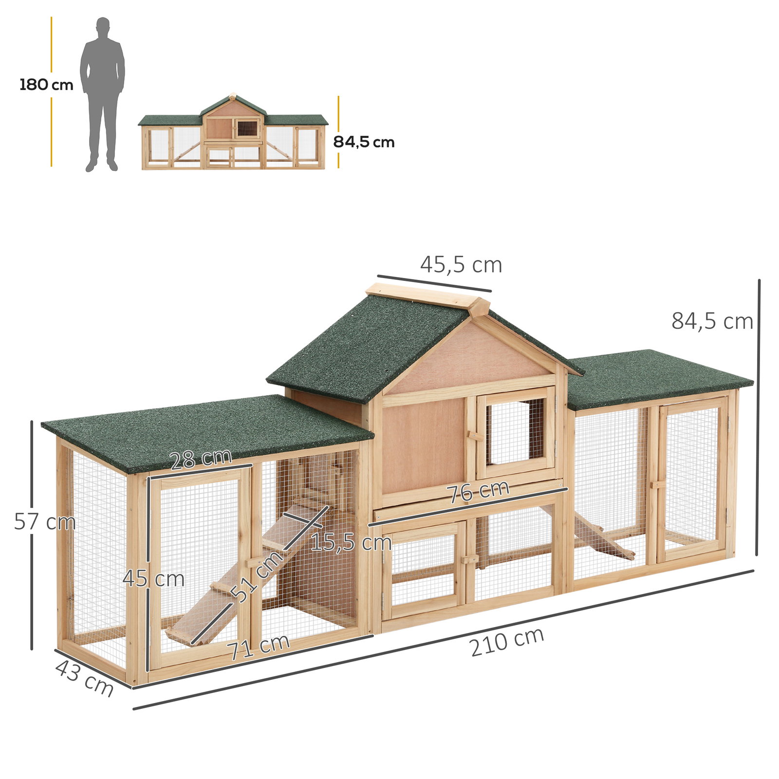 Coelheira de exterior grande gaiola de madeira para 2-4 coelhos com teto asfáltico recinto de arame bandeja removível e rampas 210x45,5x84,5 cm natural