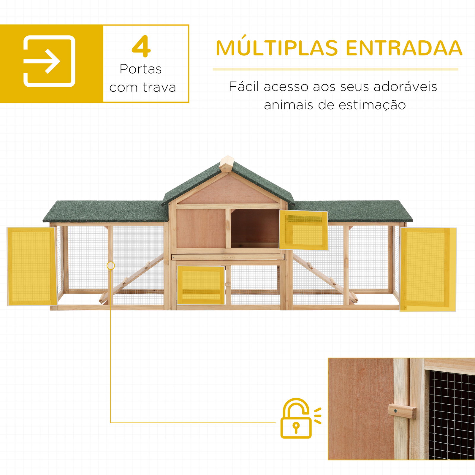 Coelheira de exterior grande gaiola de madeira para 2-4 coelhos com teto asfáltico recinto de arame bandeja removível e rampas 210x45,5x84,5 cm natural