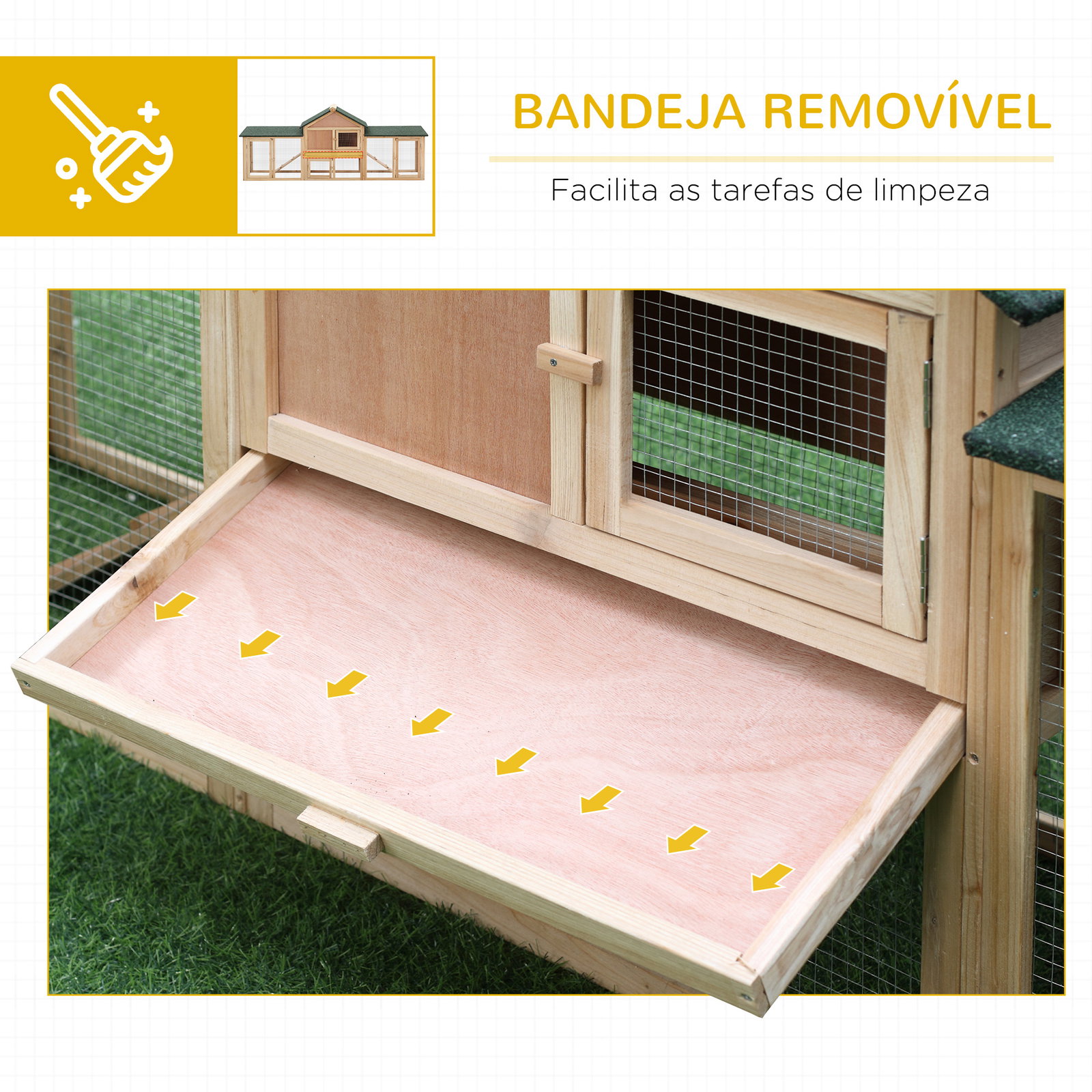 Coelheira de exterior grande gaiola de madeira para 2-4 coelhos com teto asfáltico recinto de arame bandeja removível e rampas 210x45,5x84,5 cm natural