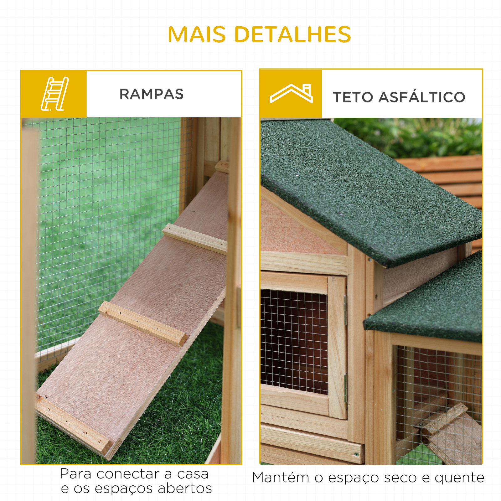 Coelheira de exterior grande gaiola de madeira para 2-4 coelhos com teto asfáltico recinto de arame bandeja removível e rampas 210x45,5x84,5 cm natural