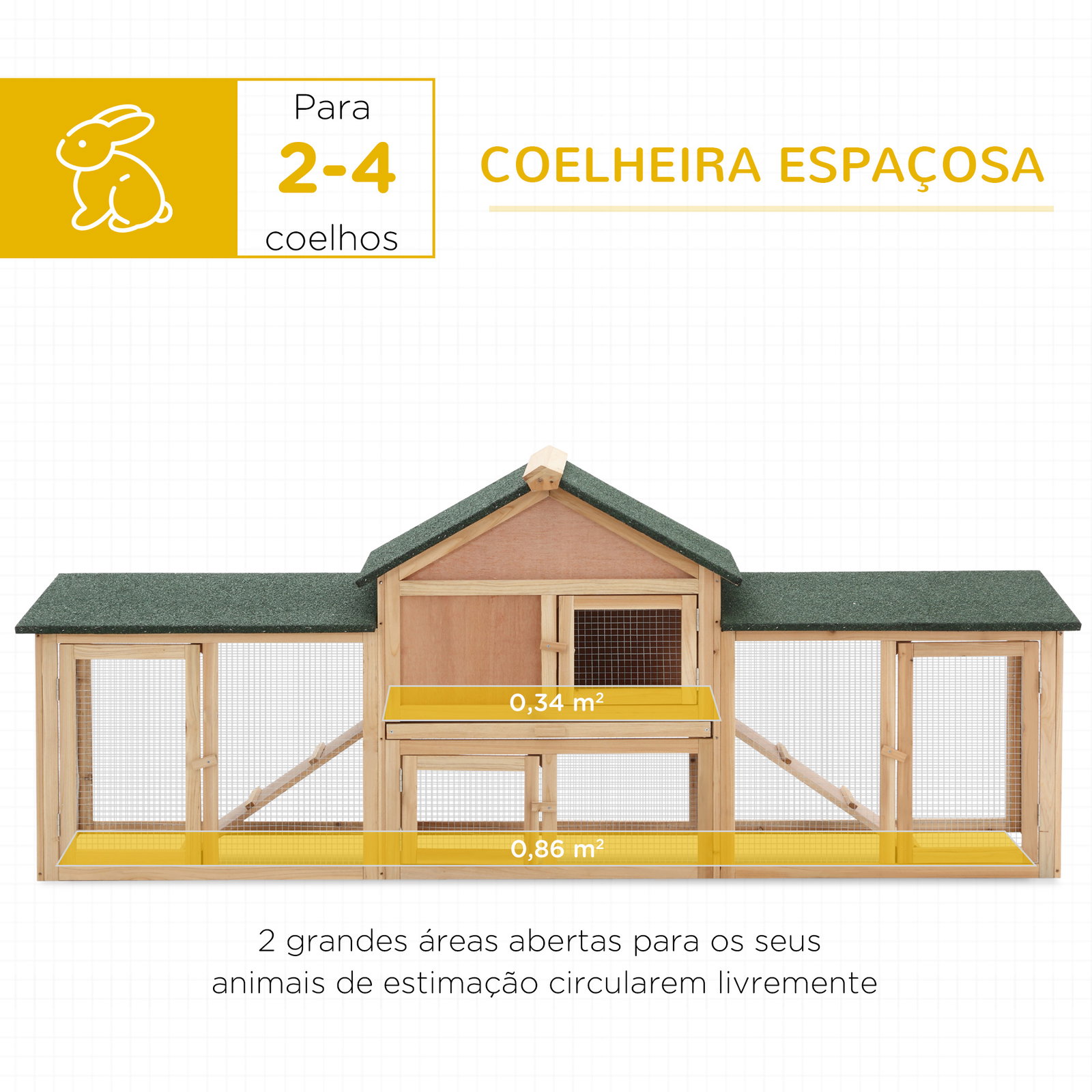 Coelheira de exterior grande gaiola de madeira para 2-4 coelhos com teto asfáltico recinto de arame bandeja removível e rampas 210x45,5x84,5 cm natural