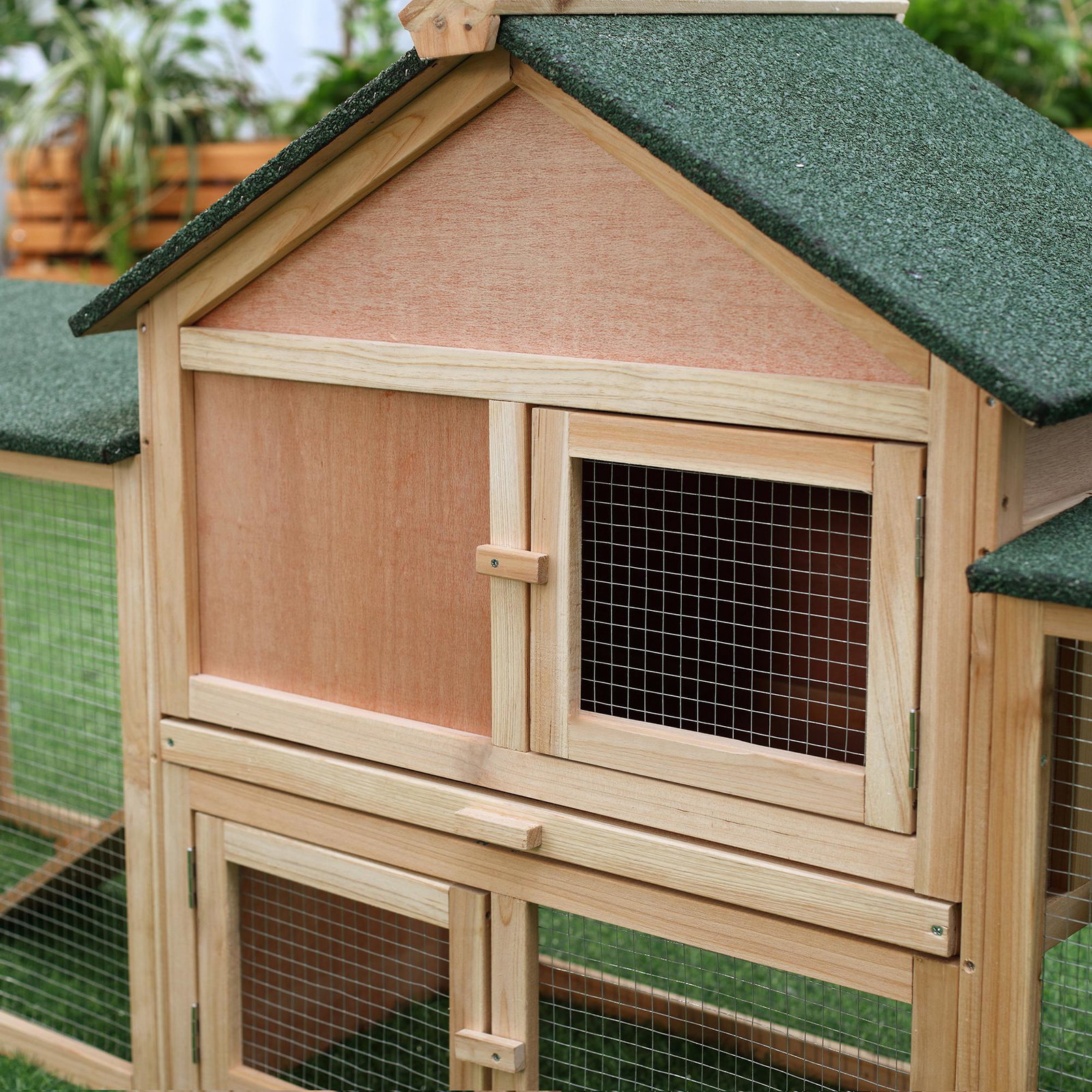 Coelheira de exterior grande gaiola de madeira para 2-4 coelhos com teto asfáltico recinto de arame bandeja removível e rampas 210x45,5x84,5 cm natural