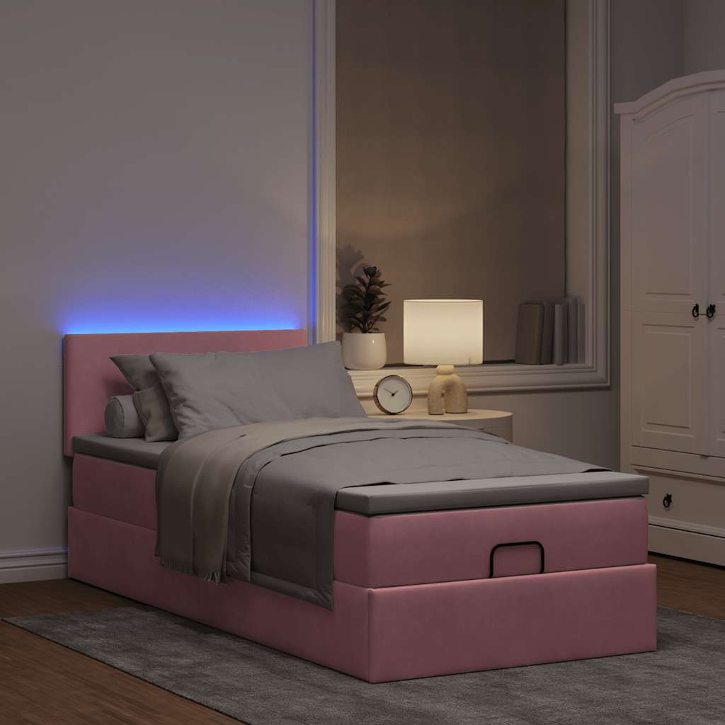 Cama otomana com colchão & leds 80x200cm veludo rosa