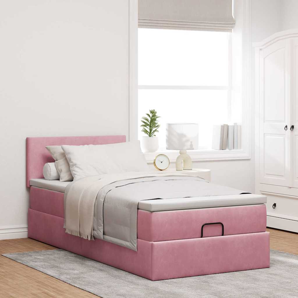 Cama otomana com colchão & leds 80x200cm veludo rosa