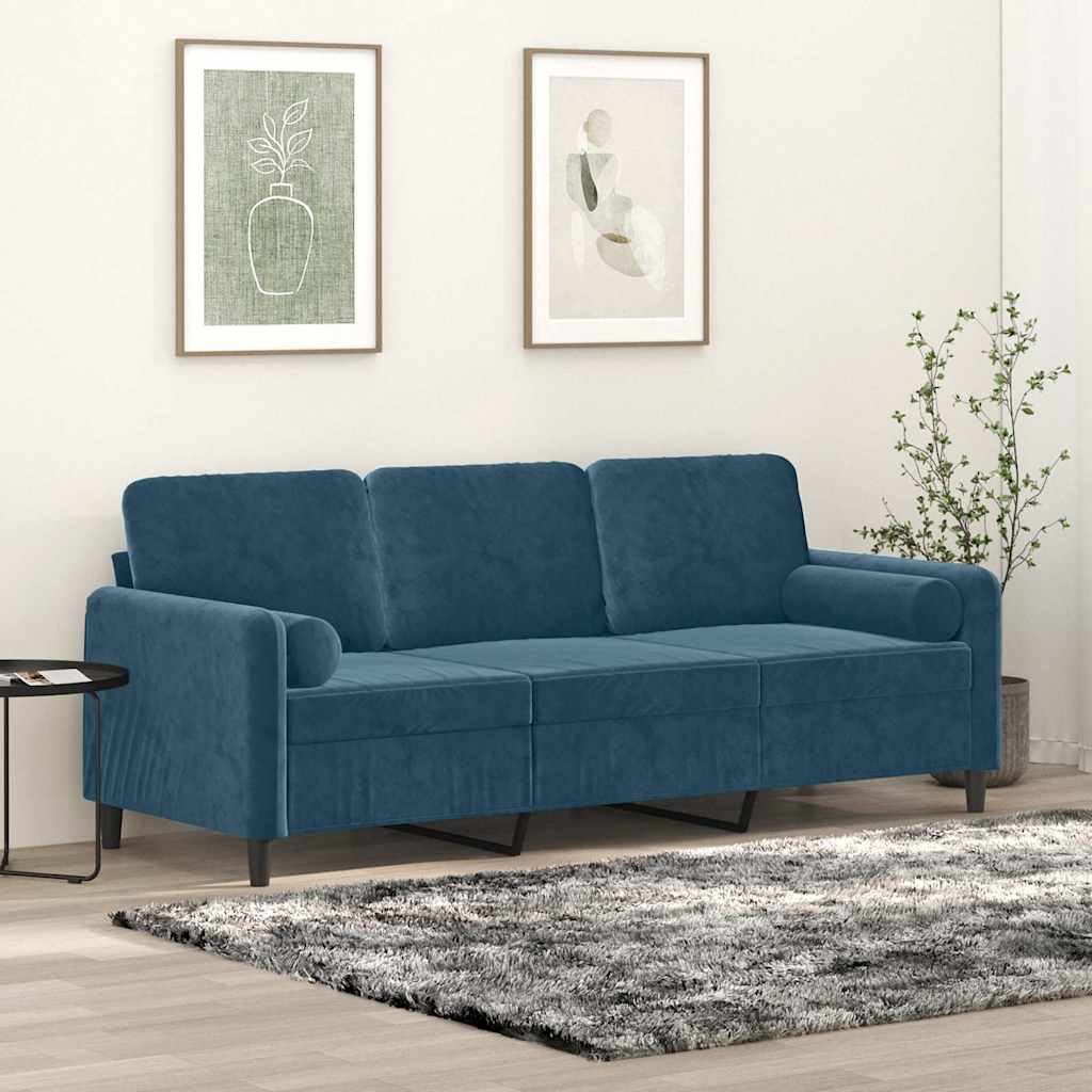 Sofá 3 lugares c/ almofadas decorativas 180 cm veludo azul