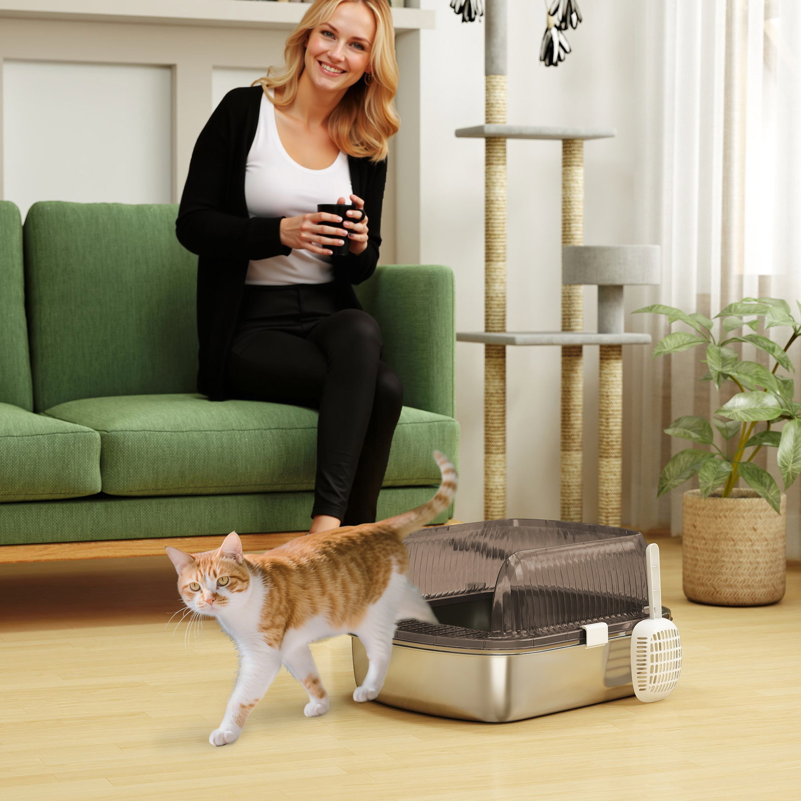 Caixa de areia para gatos fechada com bandeja em aço inoxidável bordas altas pá para gatos grandes 53x42x27 cm cinzento