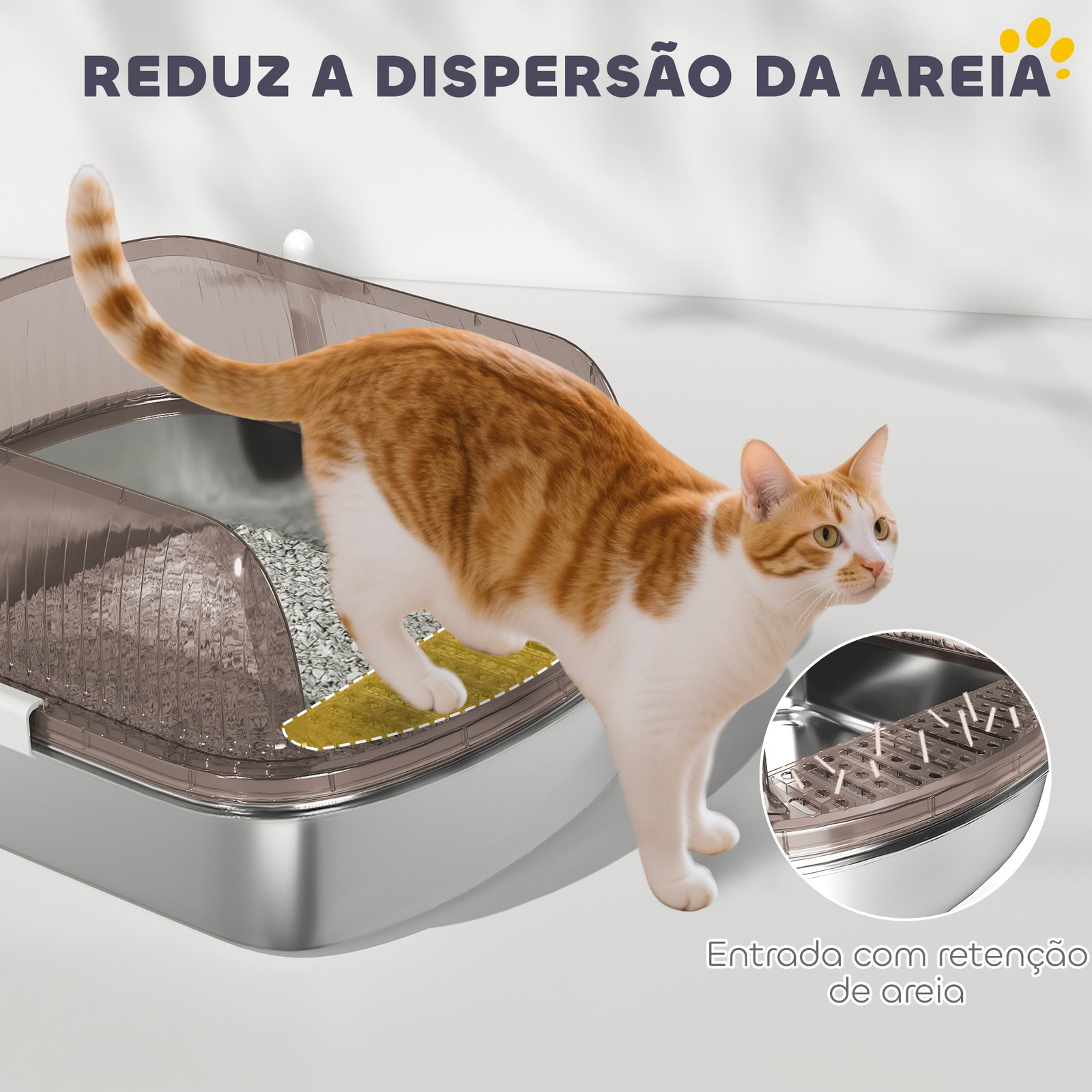 Caixa de areia para gatos fechada com bandeja em aço inoxidável bordas altas pá para gatos grandes 53x42x27 cm cinzento