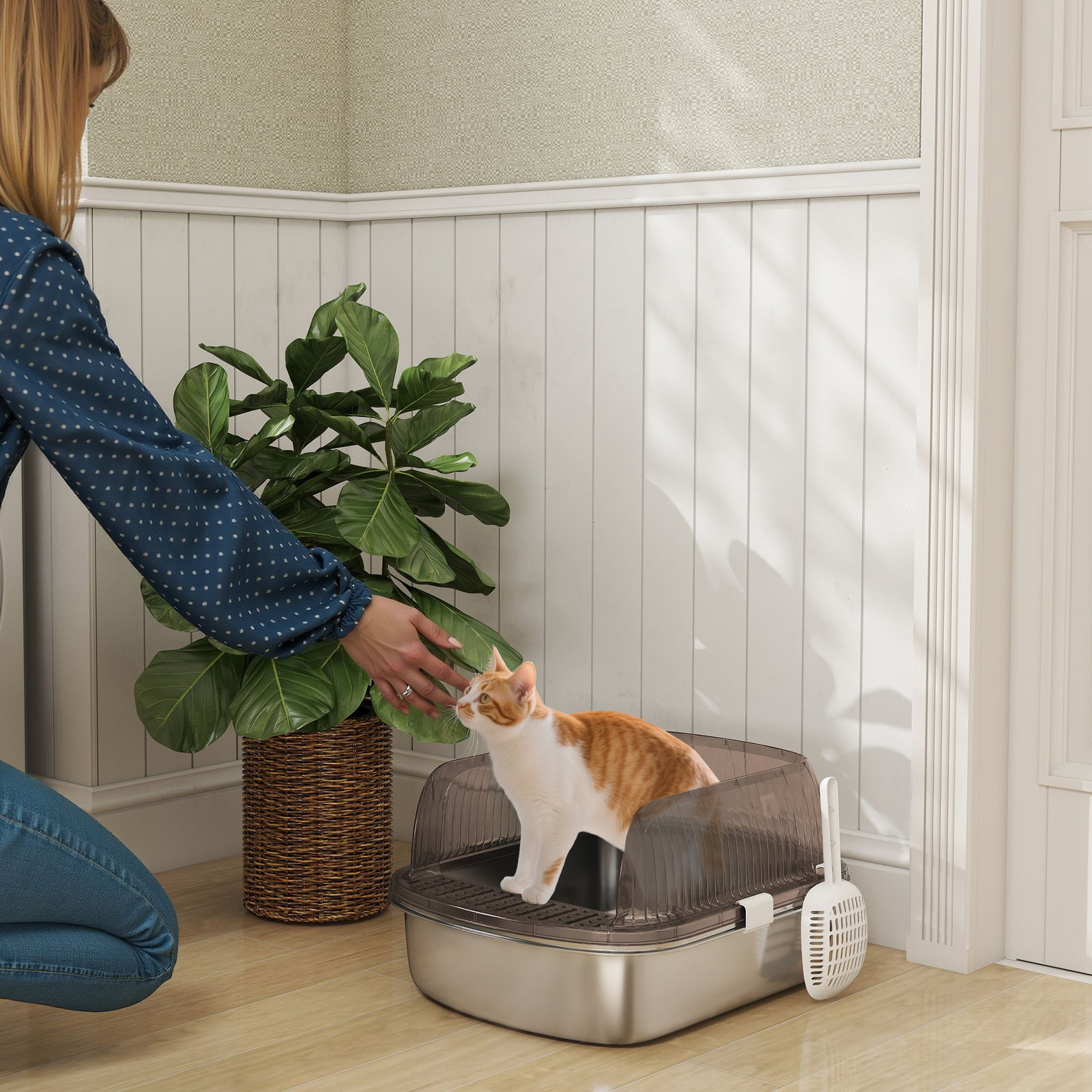 Caixa de areia para gatos fechada com bandeja em aço inoxidável bordas altas pá para gatos grandes 53x42x27 cm cinzento